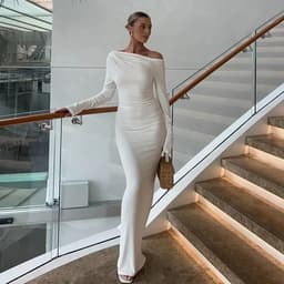 TARUXY White Skew Collar Bodycon Maxi Dress Elegant Long Sleeve Party Dress 0