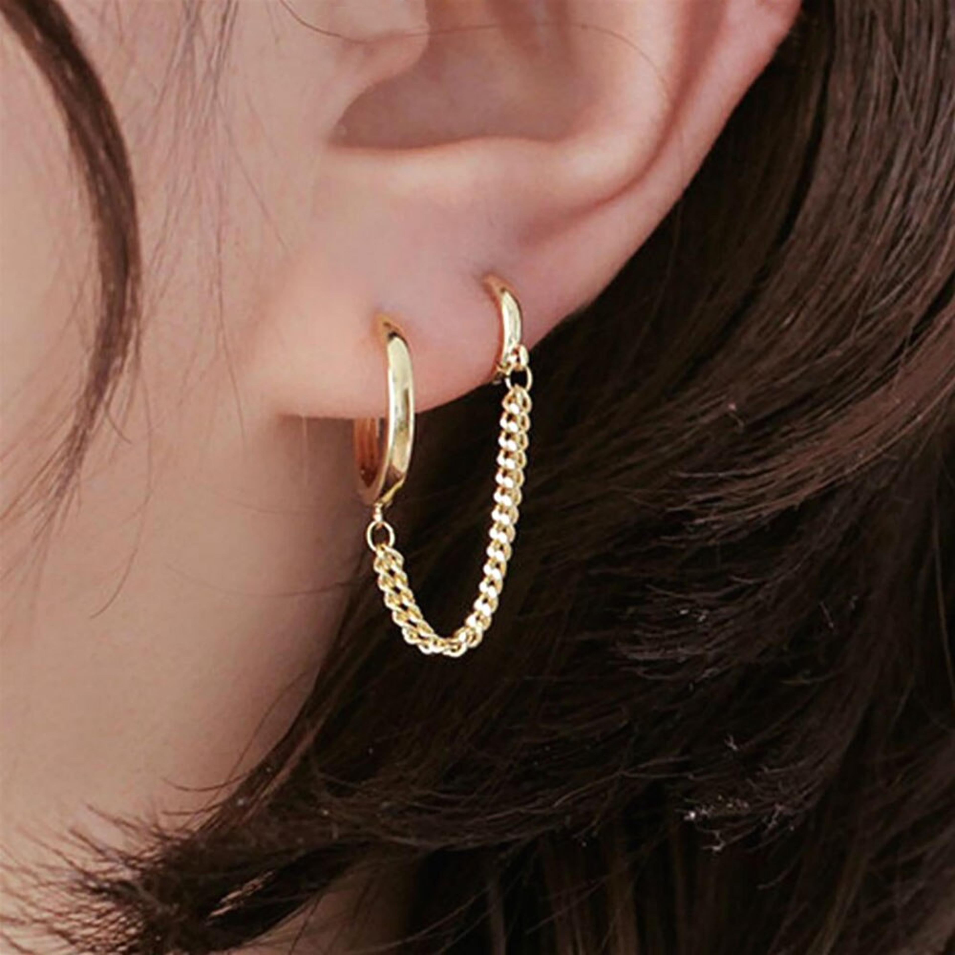 double piercing earring chain with small hoops