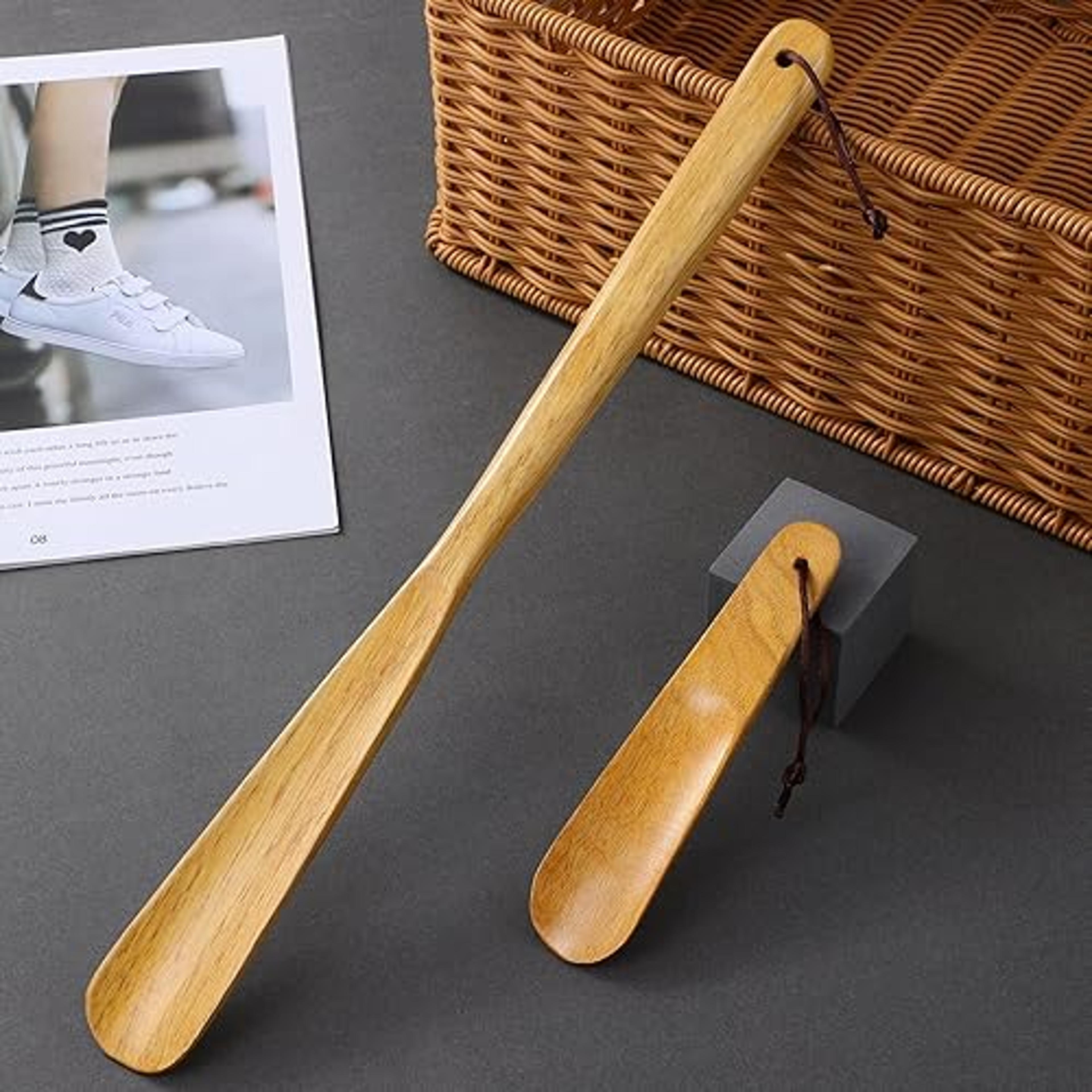 set of 2 durable wooden shoe horns – long handle shoe lifters