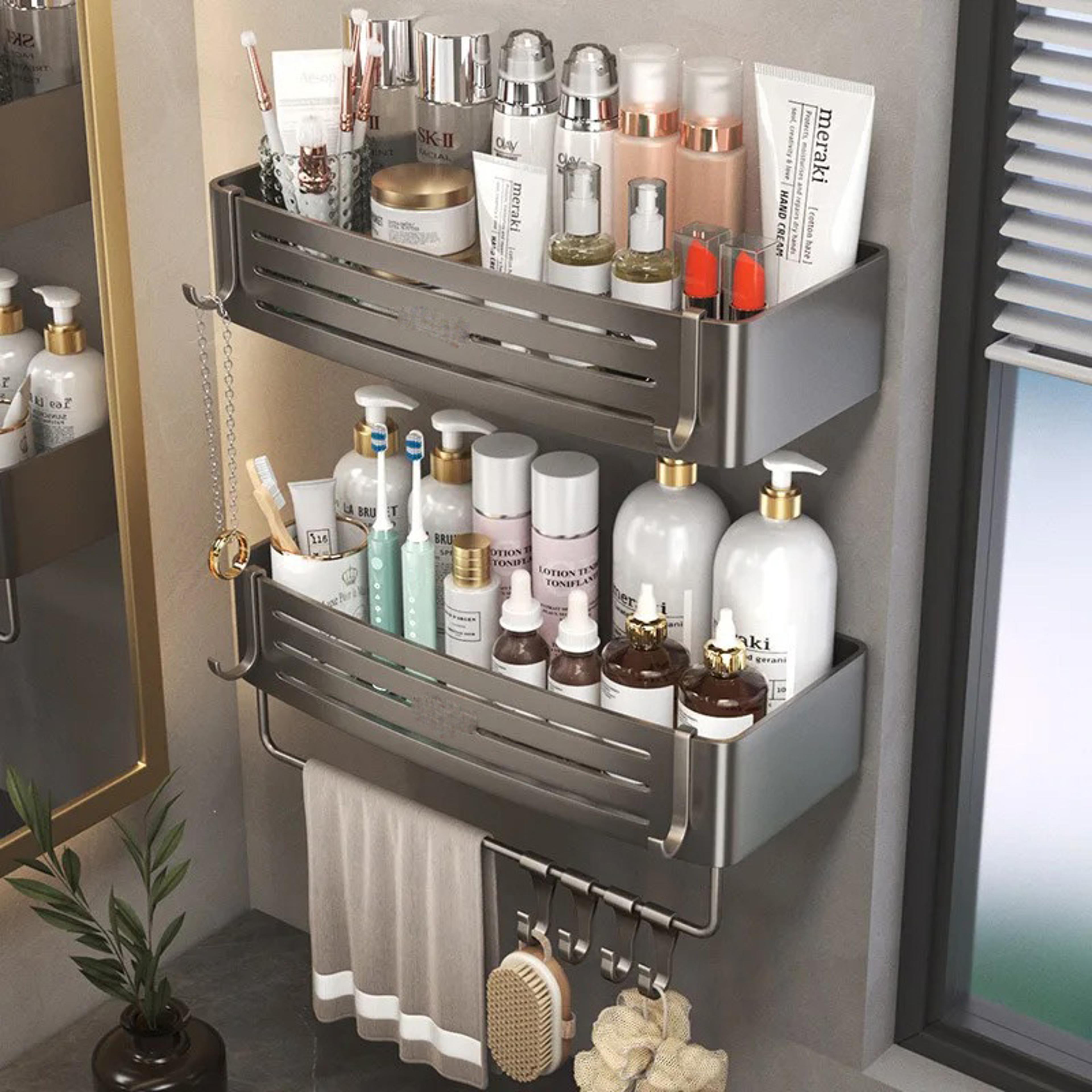 WallMounted Bathroom Accessories NoDrill Shampoo Shelf Makeup Organizer Aluminum Alloy Storage Hold 5