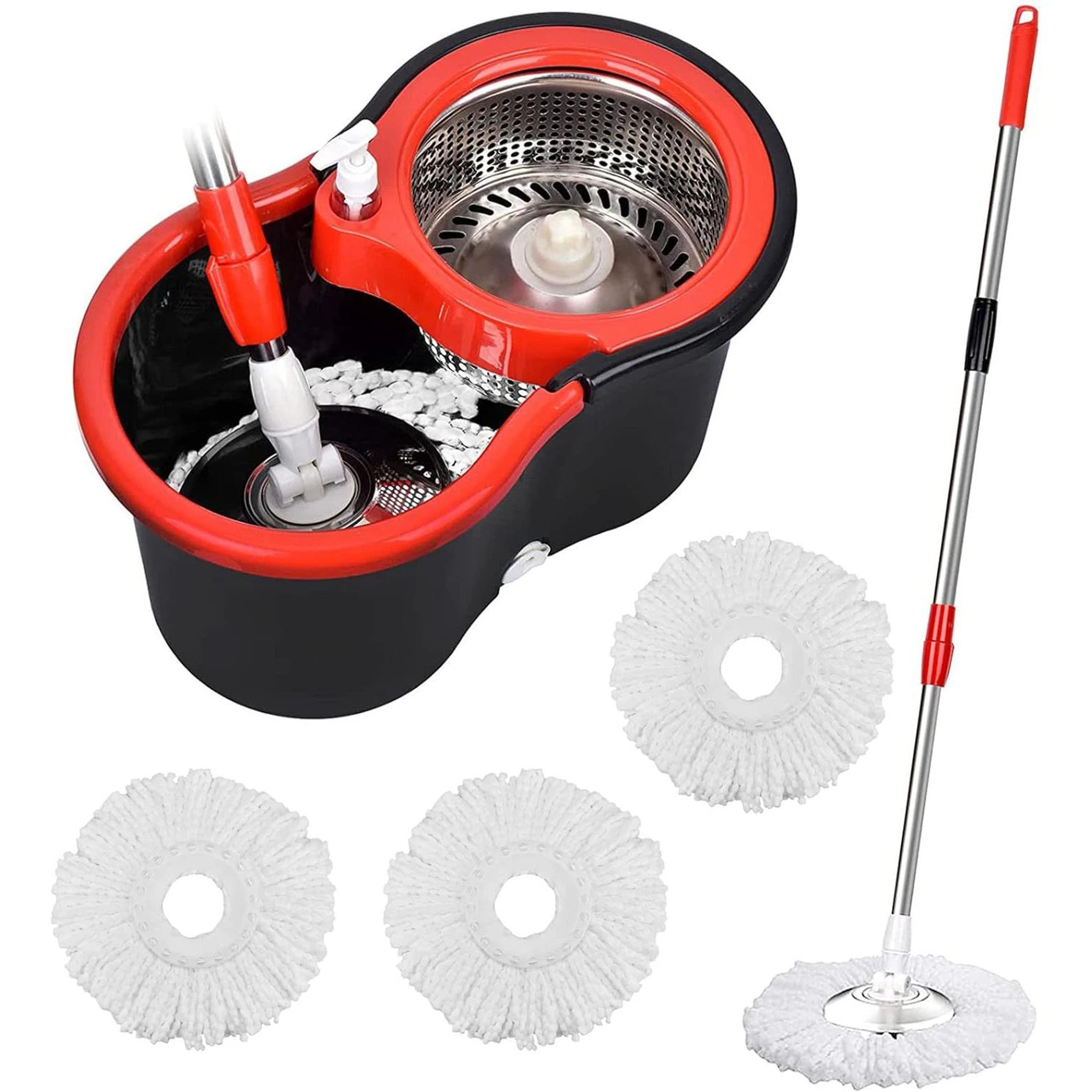 stainless steel 360° spin mop set with wring system, 3 microfiber heads & extendable handle for all floors