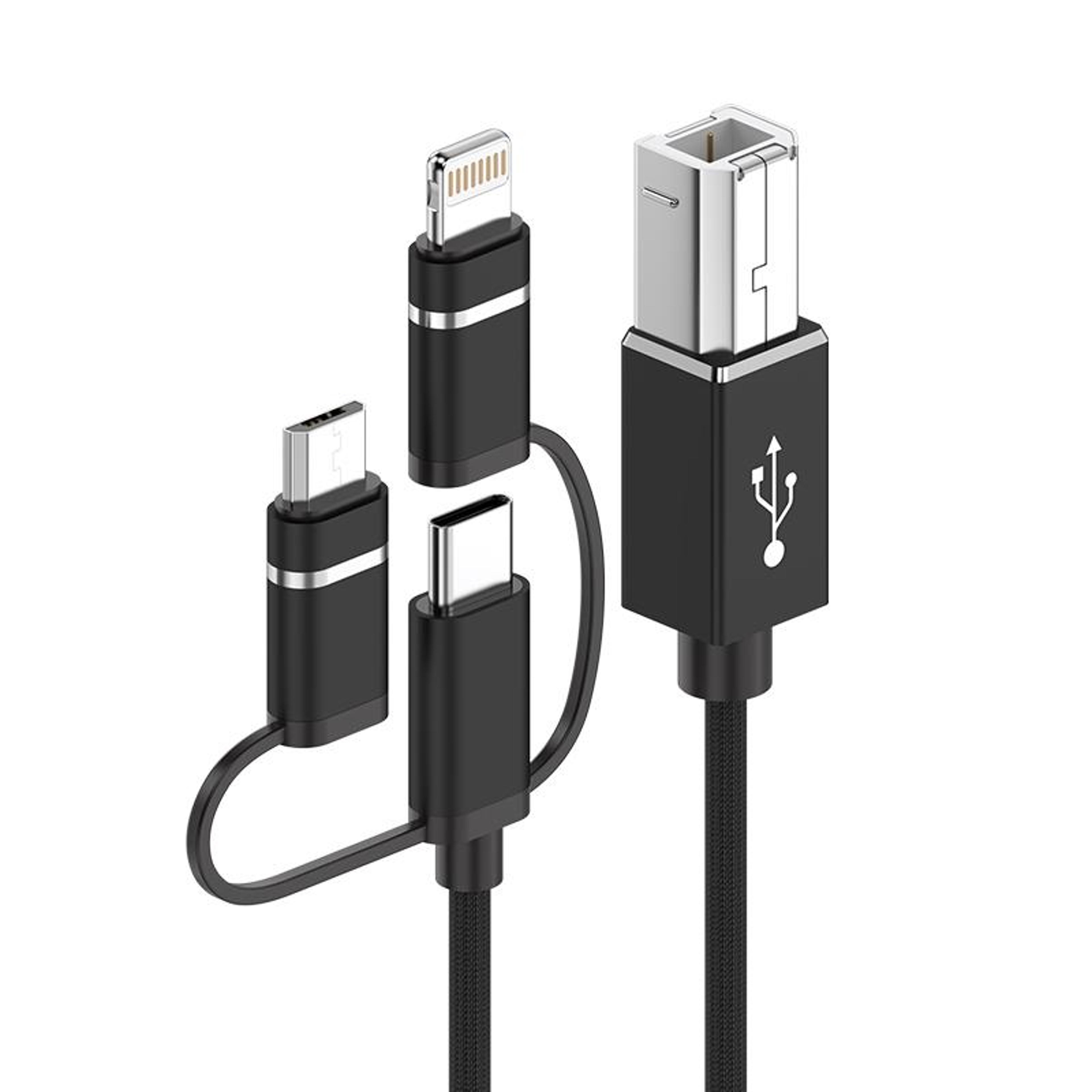 3-in-1 multi device usb printer cable, usb c micro usb lightning to usb b midi cable 1m