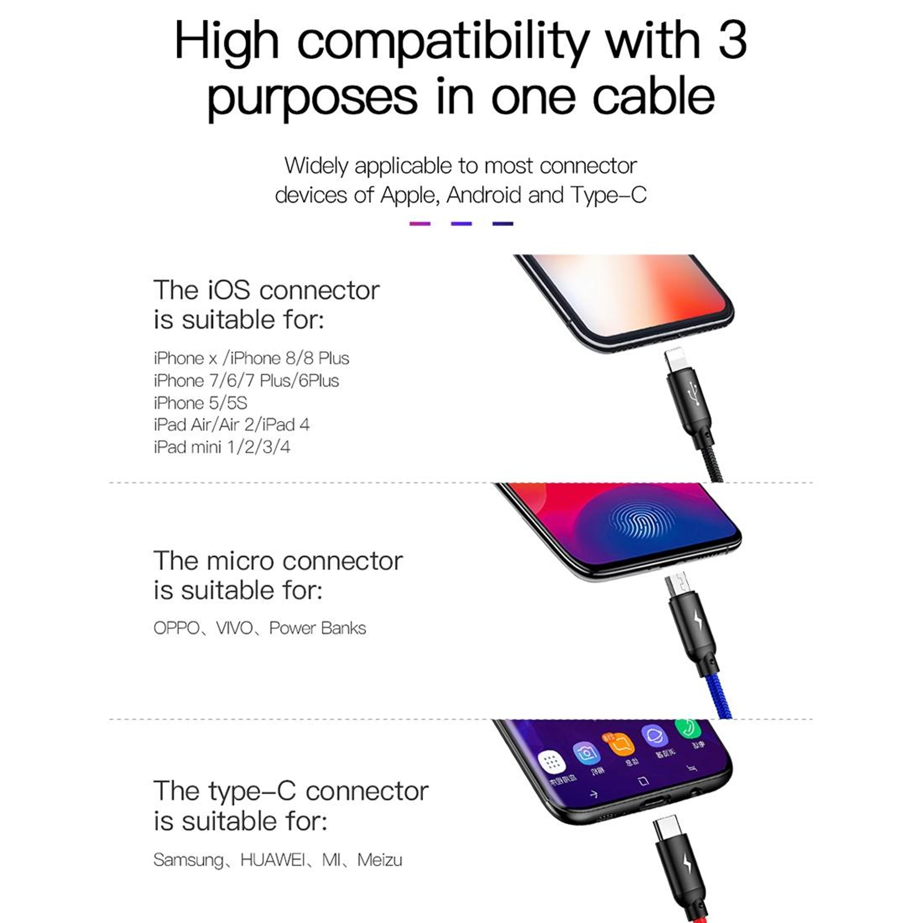 Baseus 3 In 1 Fast Charging Cable 35A Braided Multi USB Cable For IPhone Android Type C Devices 9