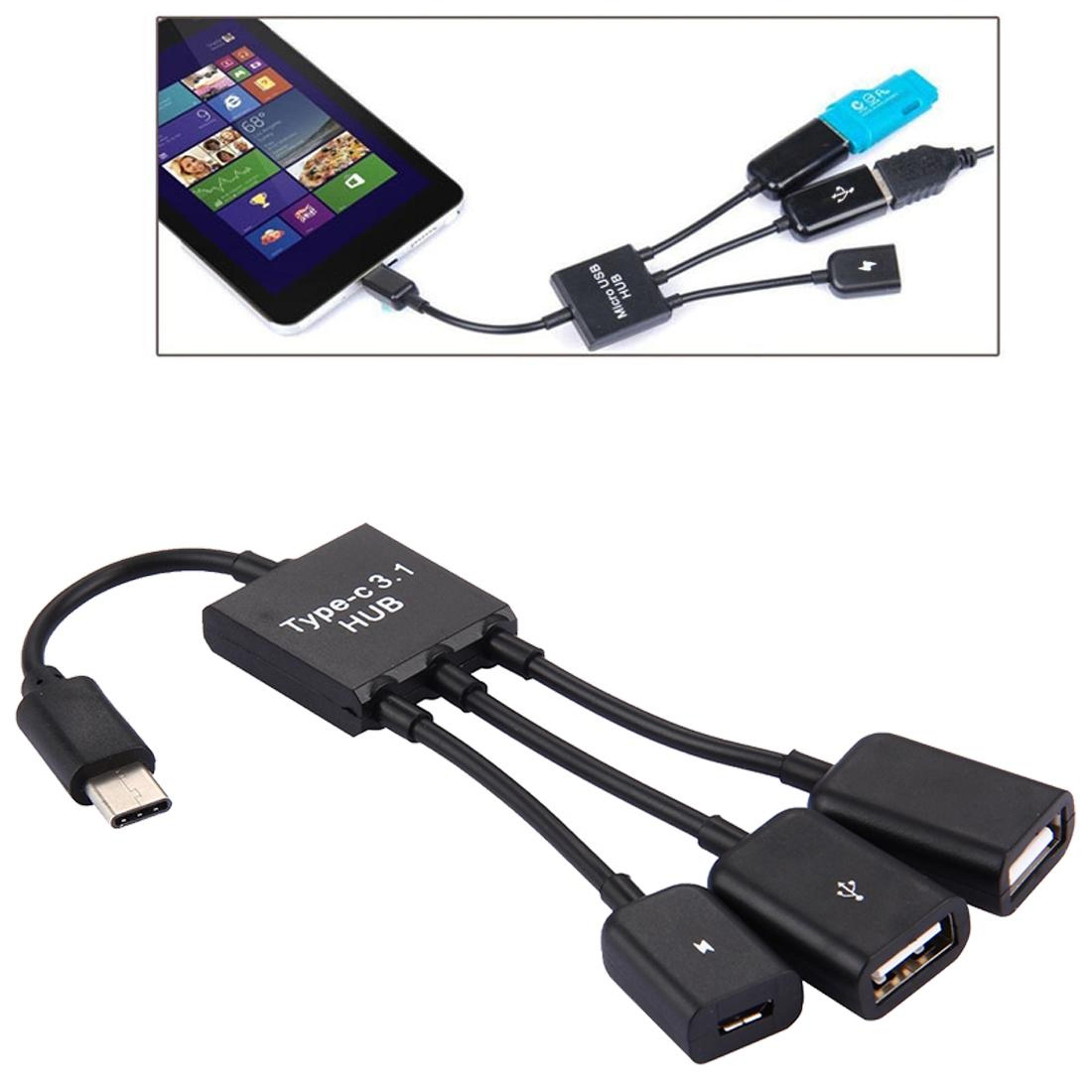 3-port usb-c hub with otg charging cable for laptop and smartphone connectivity