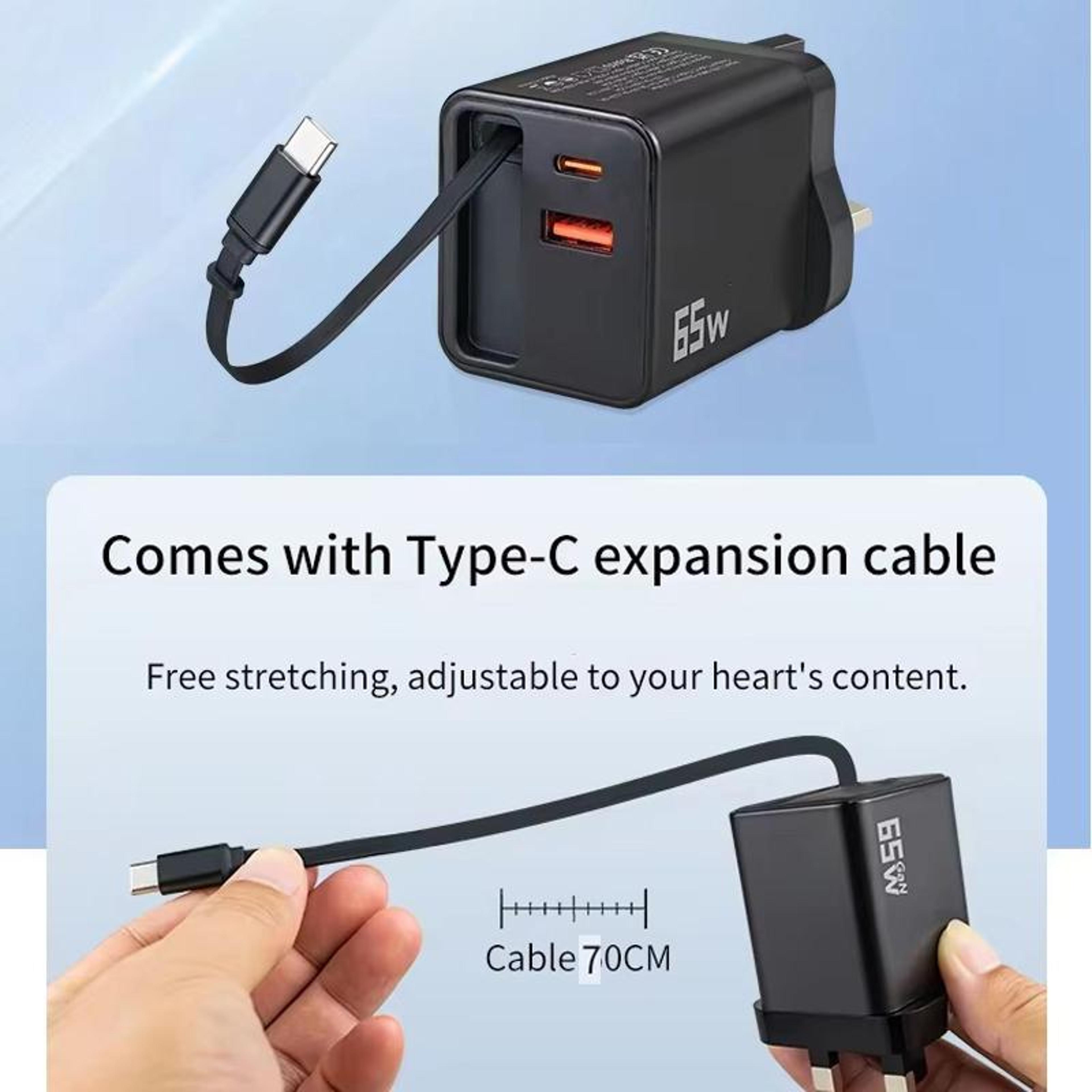 FC1 65W Fast Charger Retractable USB C Charger With 70cm Type C Cable PD30 QC30 US Plug 4