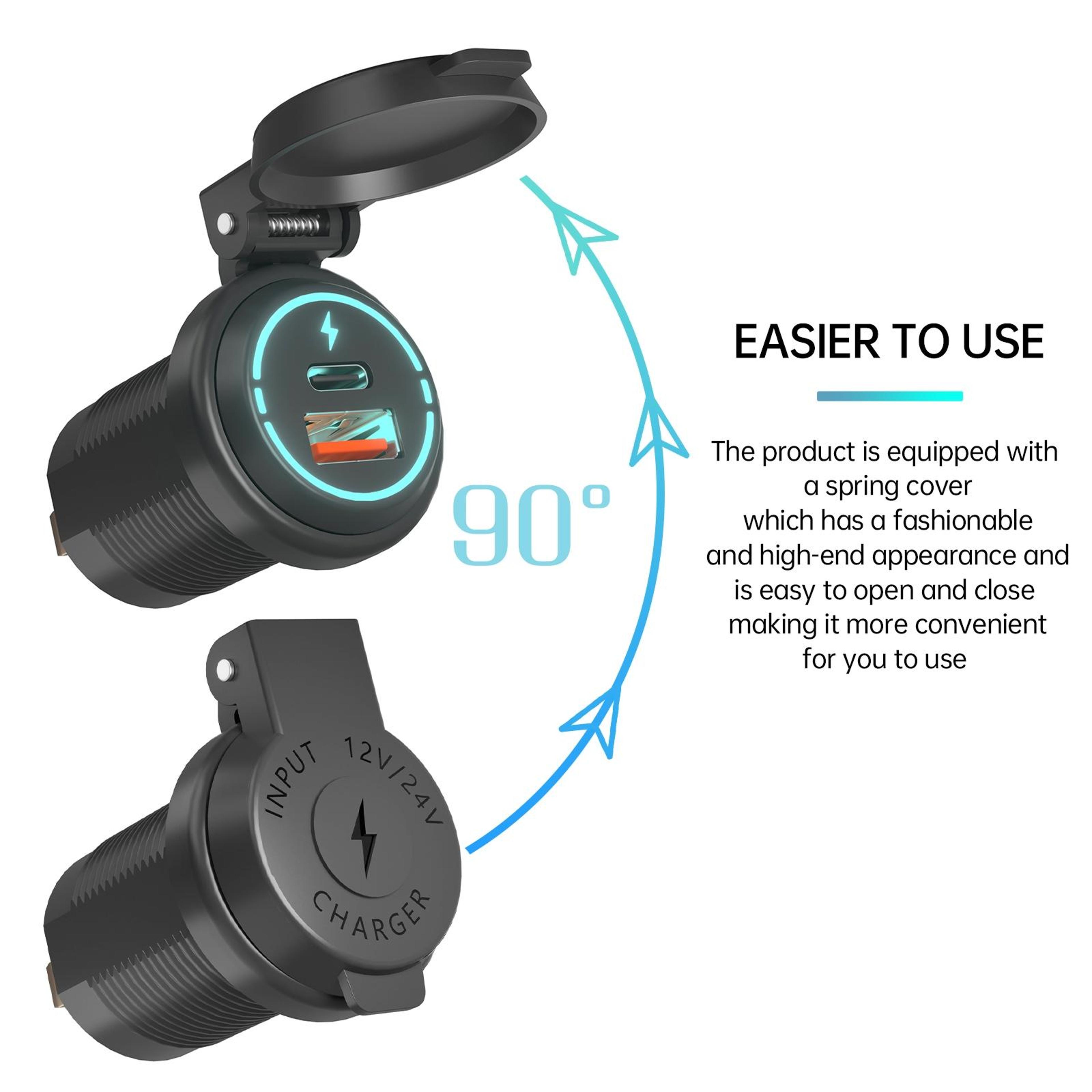 QC30 Waterproof Dual USB Car Charger Fast Charging USB A Type C Power Outlet 6