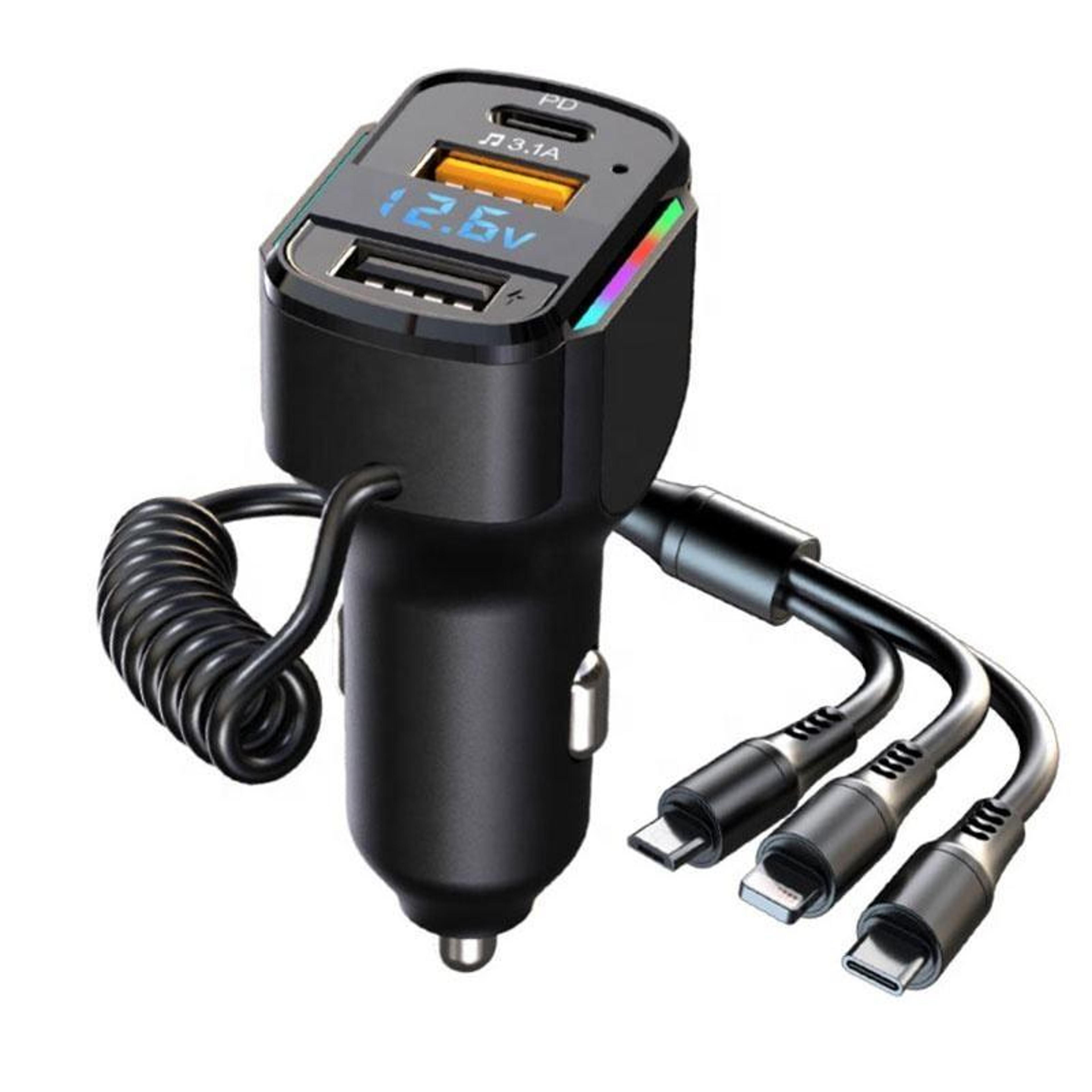 K4 Car Fast Charger 3 In 1 PD Car Charger With Dual USB Ports And Spring Charging Cable 3