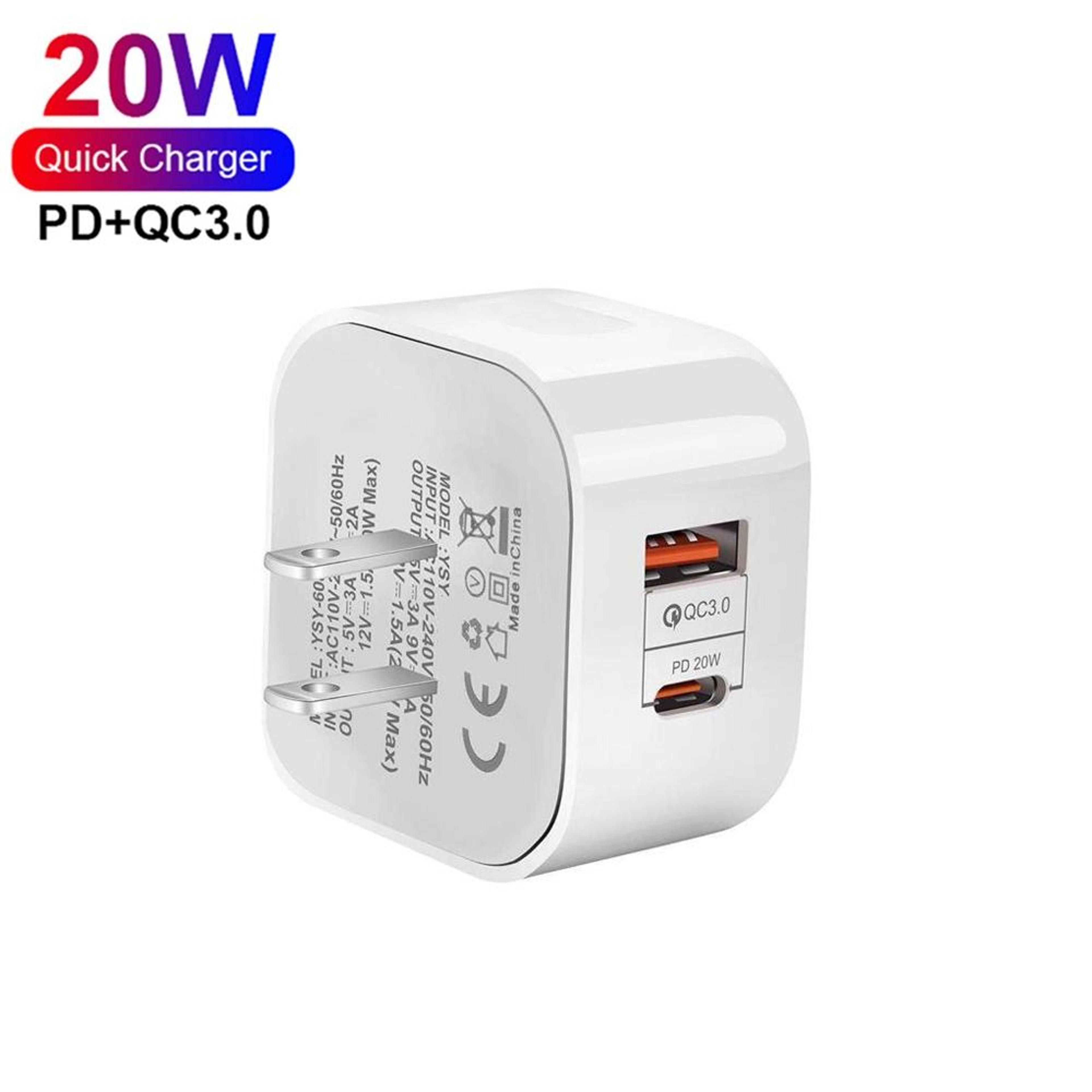 YSY 20W Fast Charger PD30 QC30 USB C Travel Charger With 1M Type C Cable US Plug 1