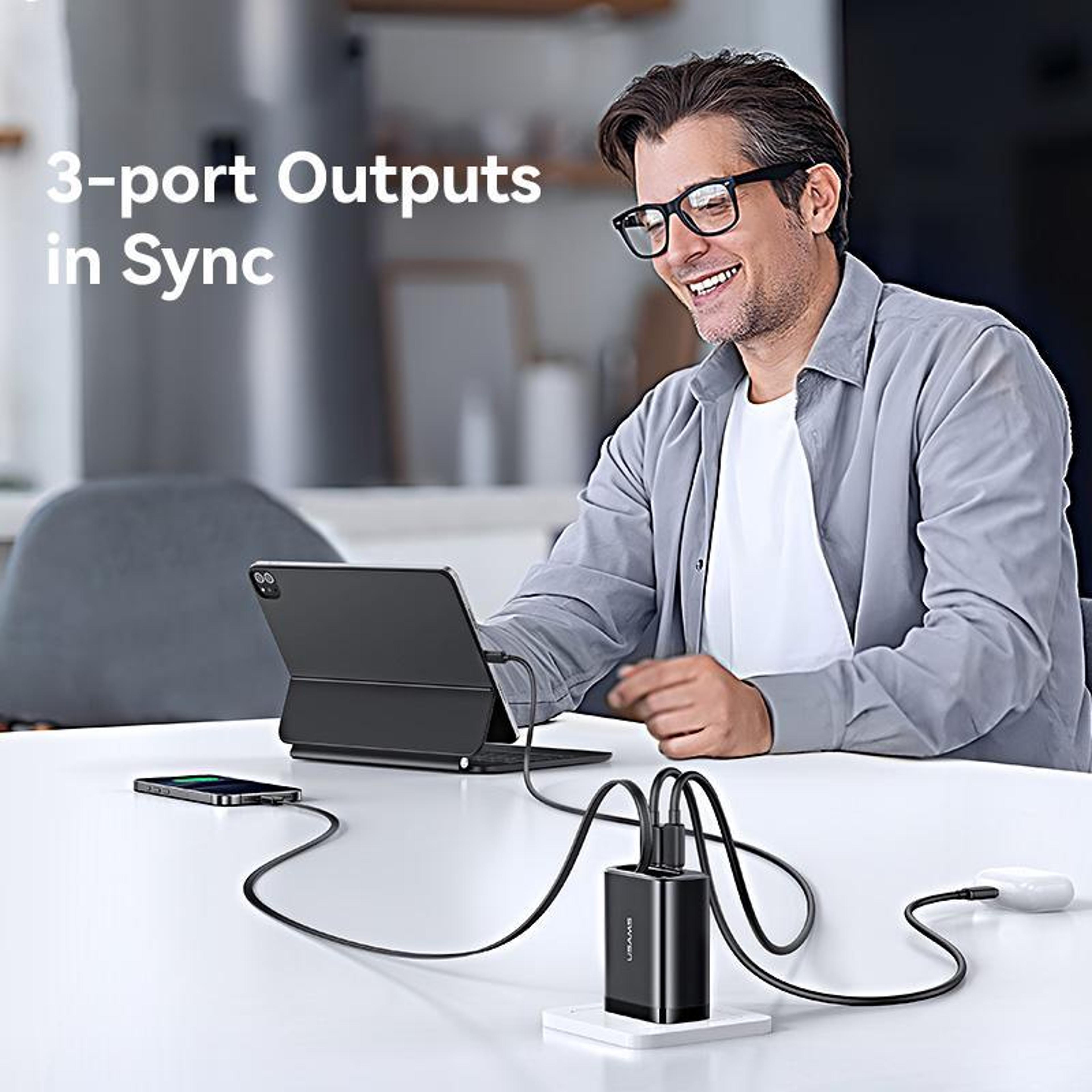USAMS 30W GaN Fast Charger With Retractable USB C Cable Multi Port Wall Charger US Plug 5