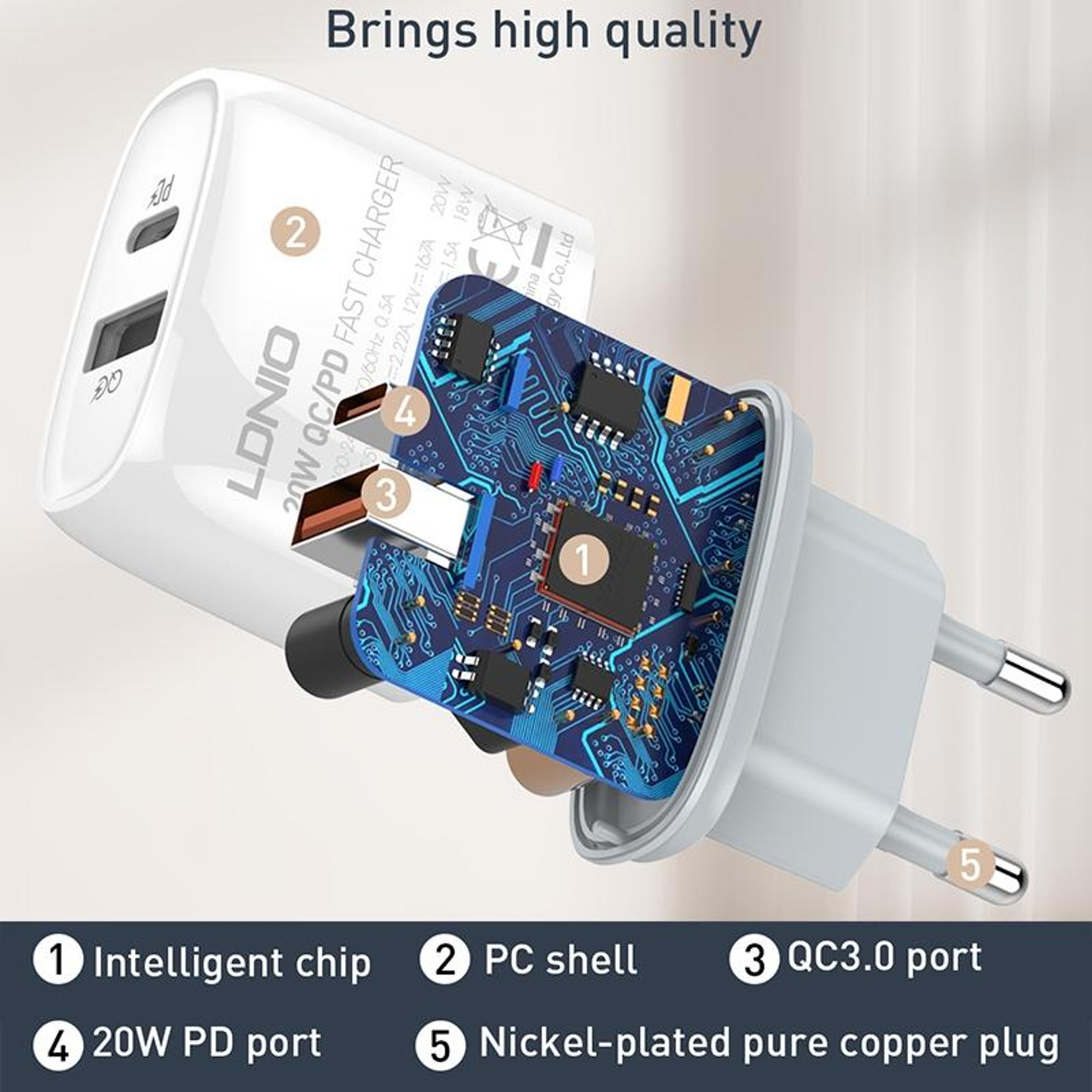 LDNIO Q229 20W USB C Fast Charger With PD QC30 Wall Charger And 1m Type C Cable US Plug 10