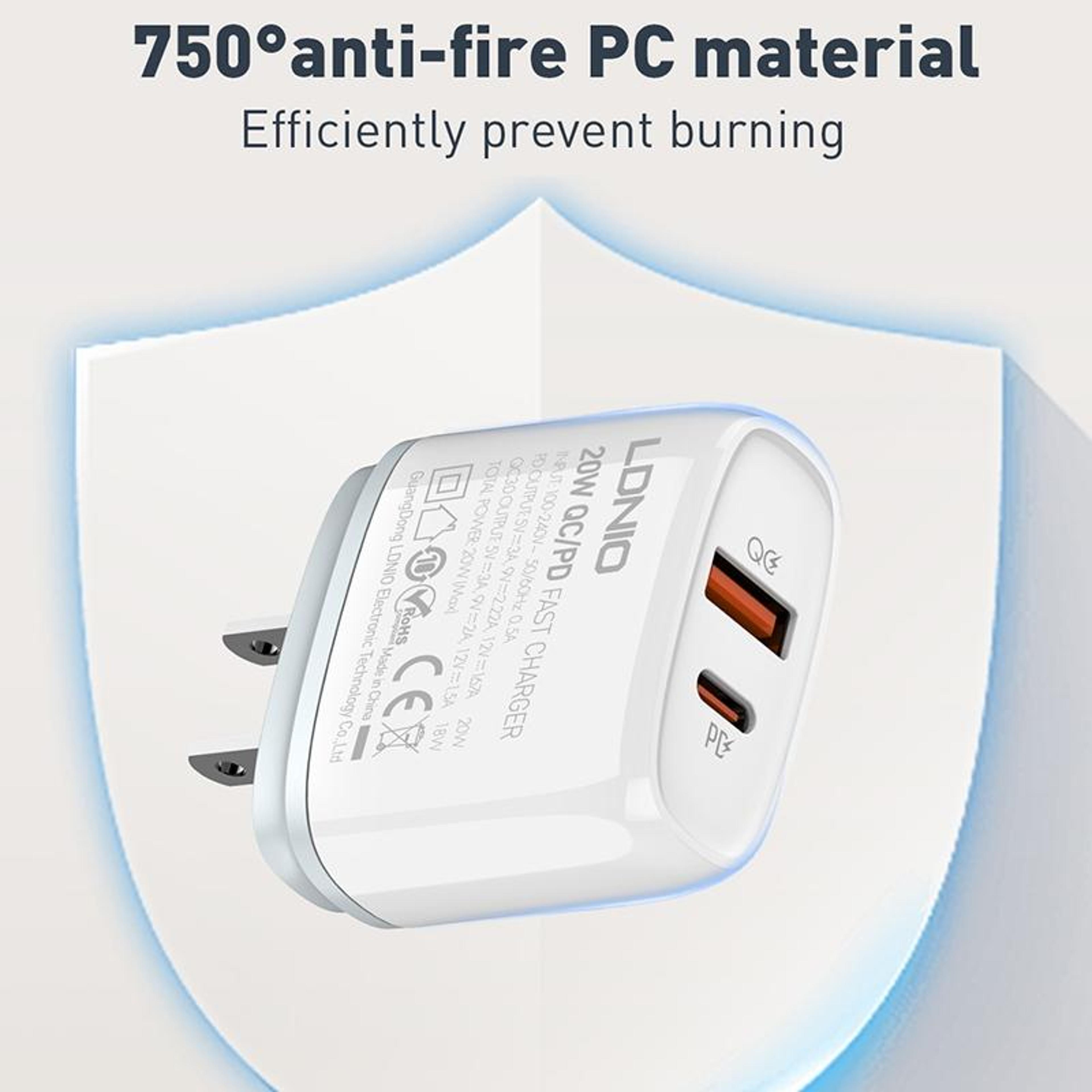 LDNIO Q229 20W USB C Fast Charger With PD QC30 Wall Charger And 1m Type C Cable US Plug 12