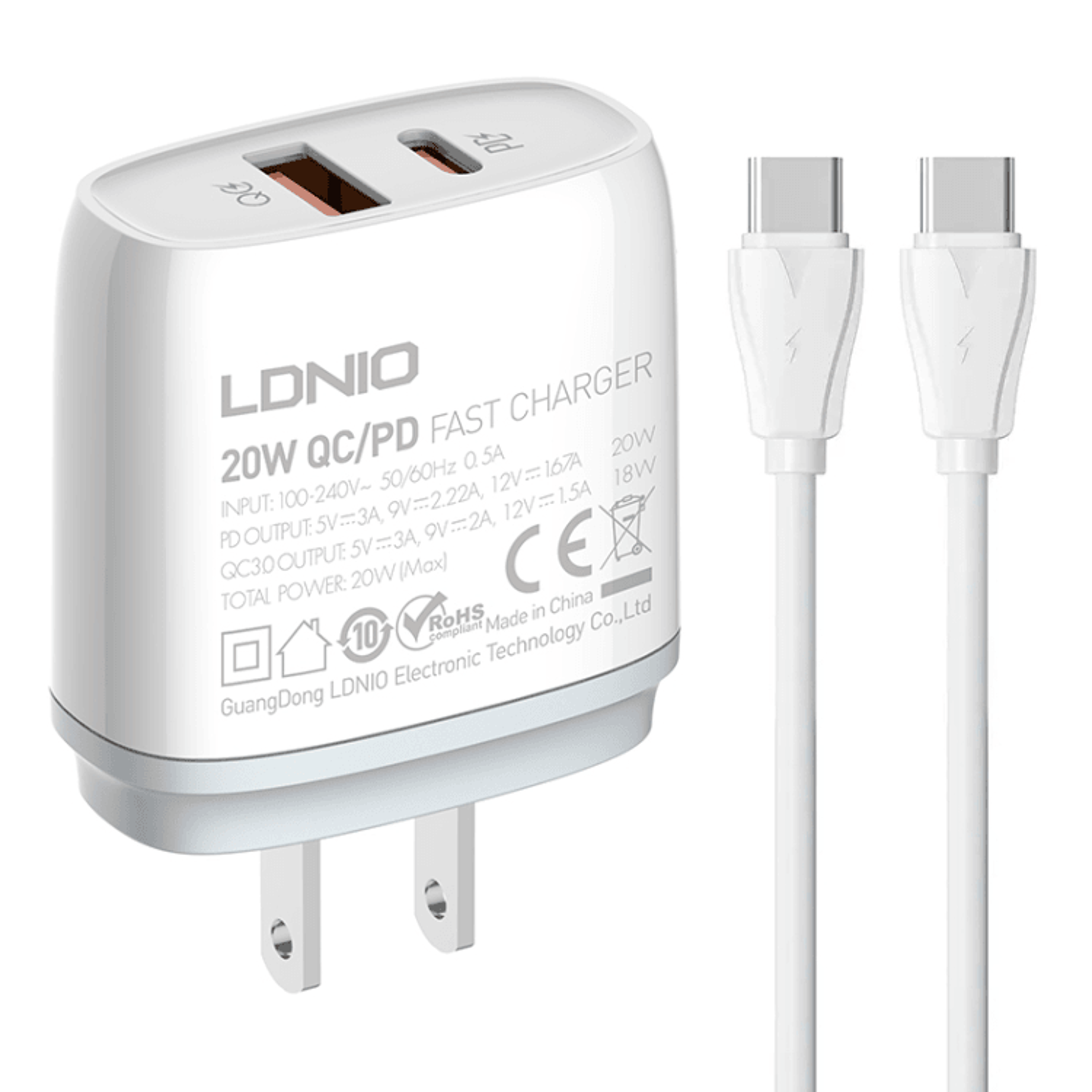 LDNIO Q229 20W USB C Fast Charger With PD QC30 Wall Charger And 1m Type C Cable US Plug 15
