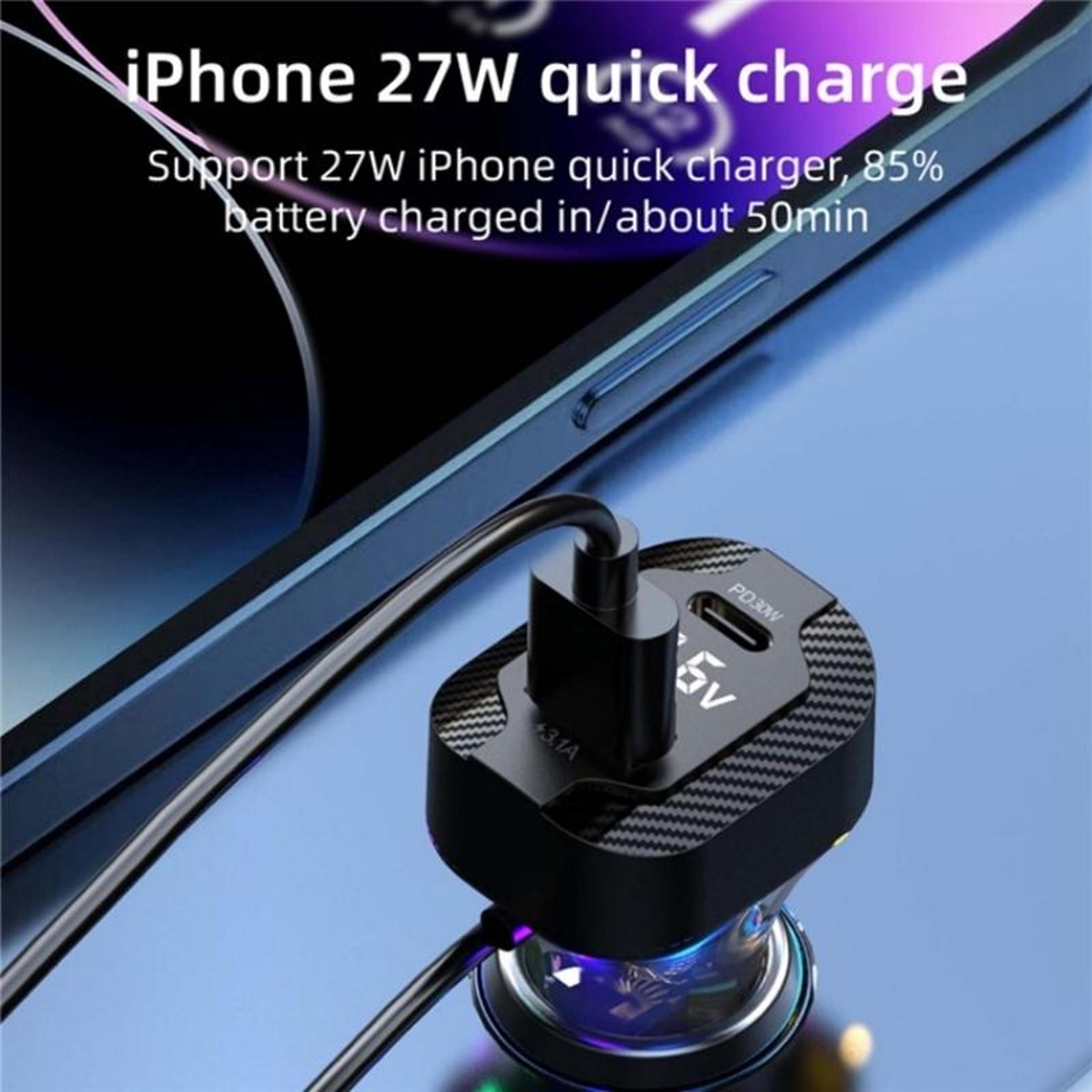 YQ7 PD 30W Car Charger With Voltage Display 5 Port USB C Car Charger And 15m Extension Cable 4