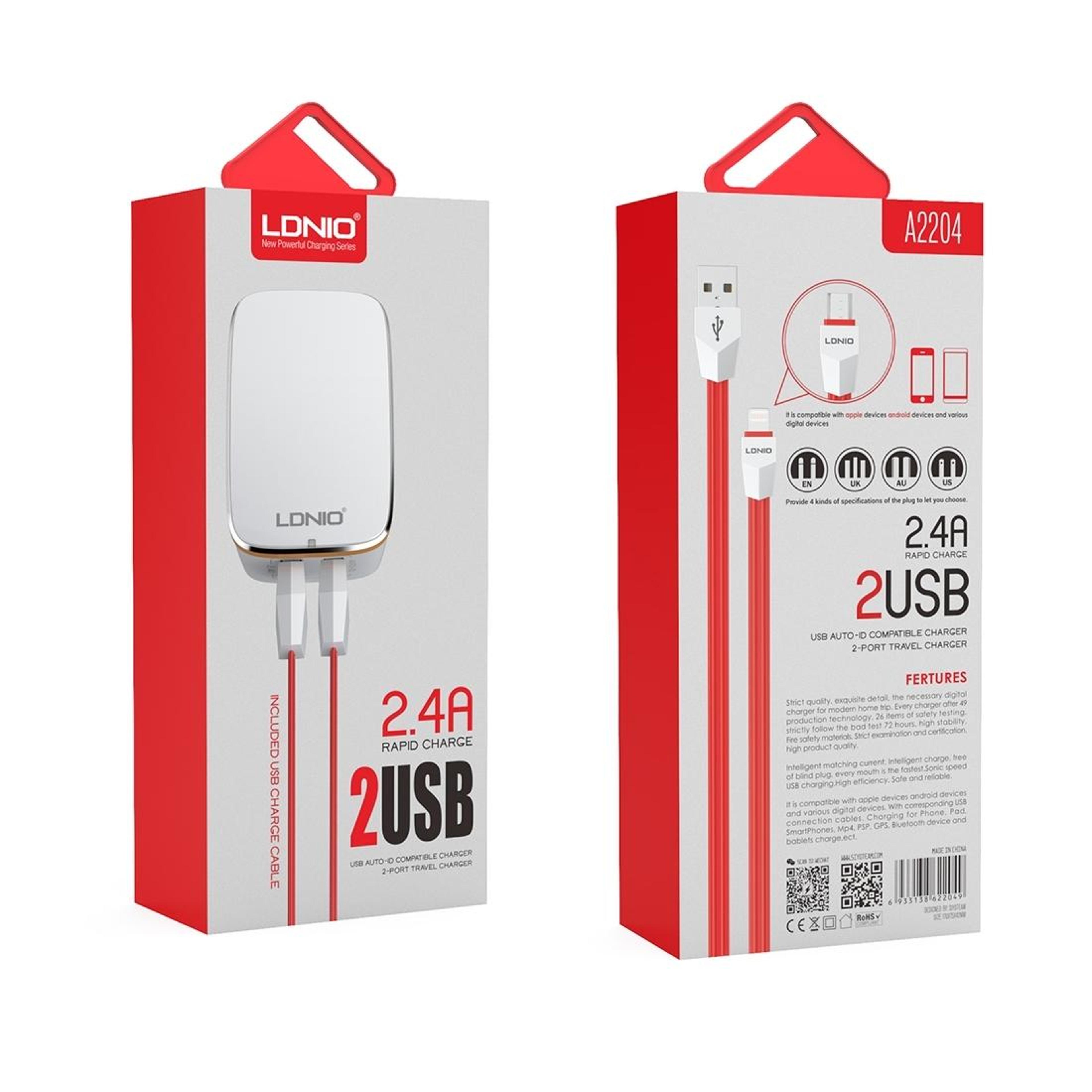 LDNIO A2204 Dual USB Charger 12W Travel Wall Charger With Micro USB Cable 5