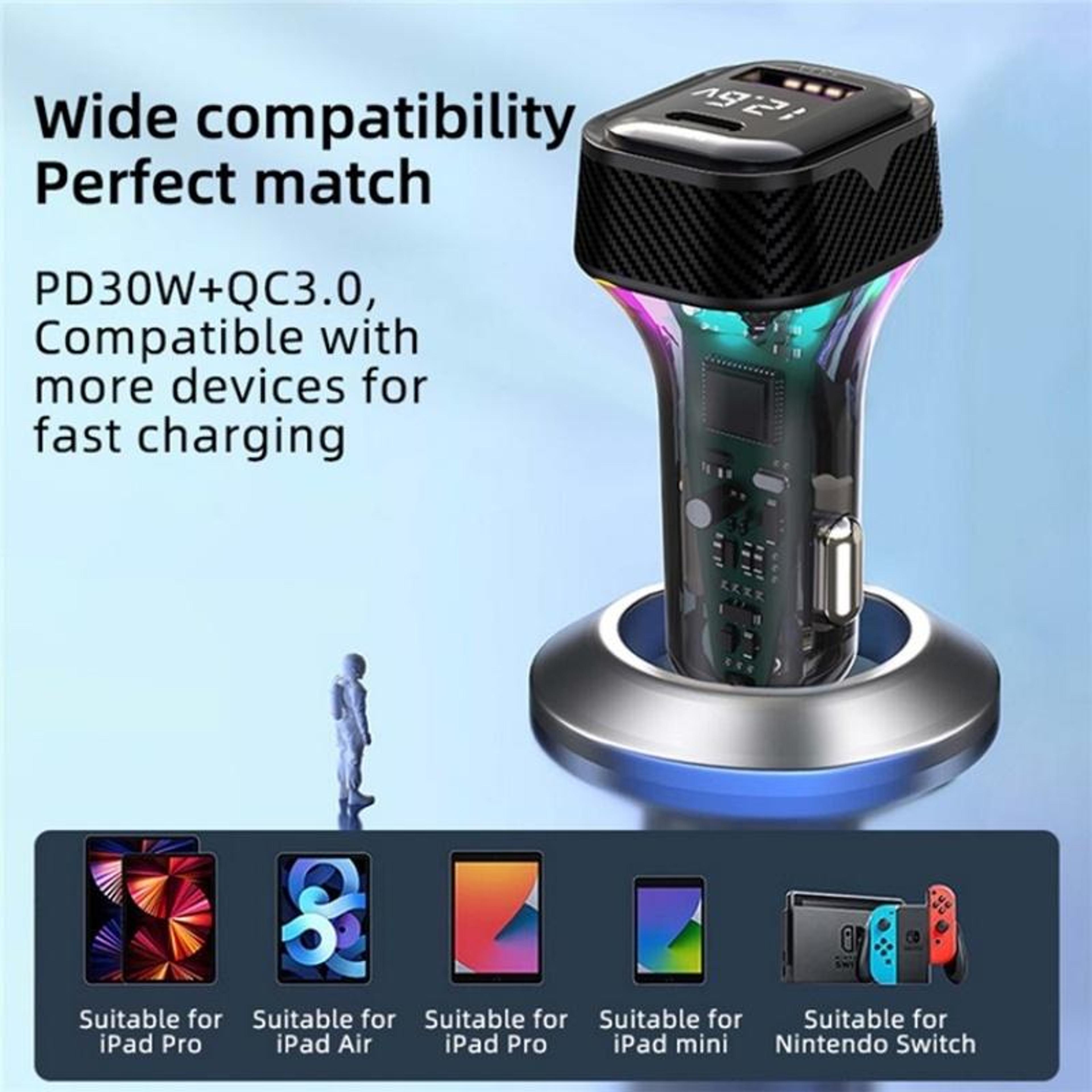30W PD Fast Car Charger With 5 Ports Type C USB Extension Cable And Battery Voltage Display 7