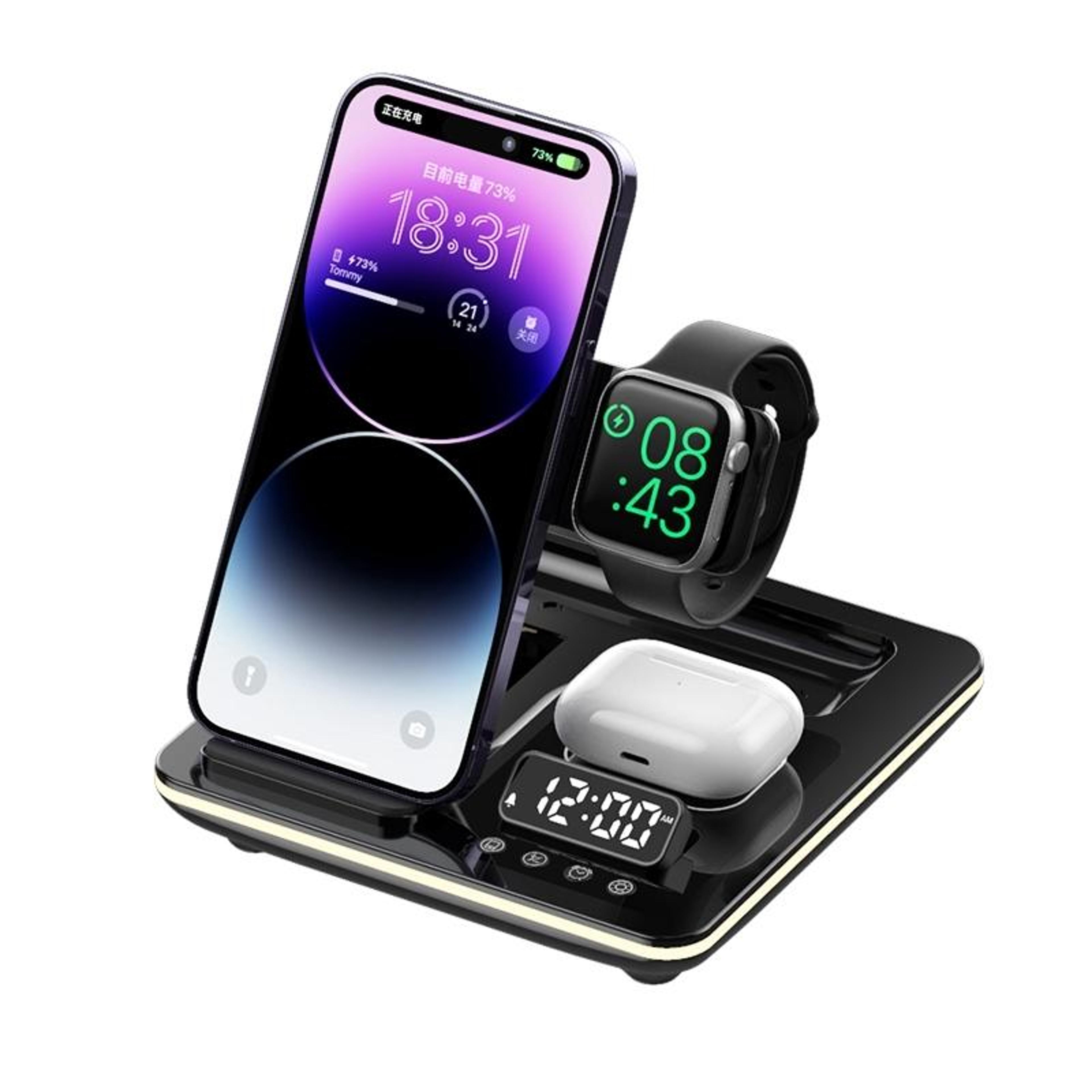 A93 15W 5 In 1 Wireless Charging Station Foldable Magnetic Phone Stand With Clock And RGB Light 0