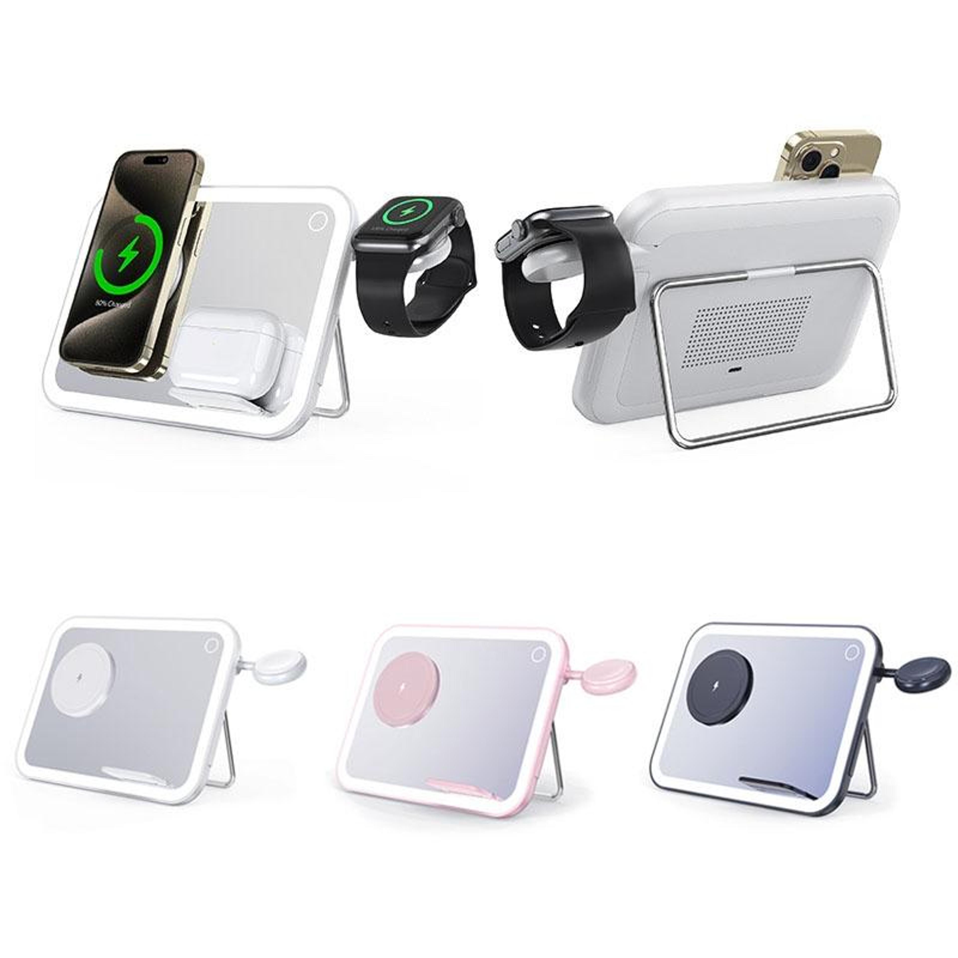MagSafe 3 In 1 Wireless Charging Station With LED Makeup Mirror Foldable Magnetic Charger And Night 1