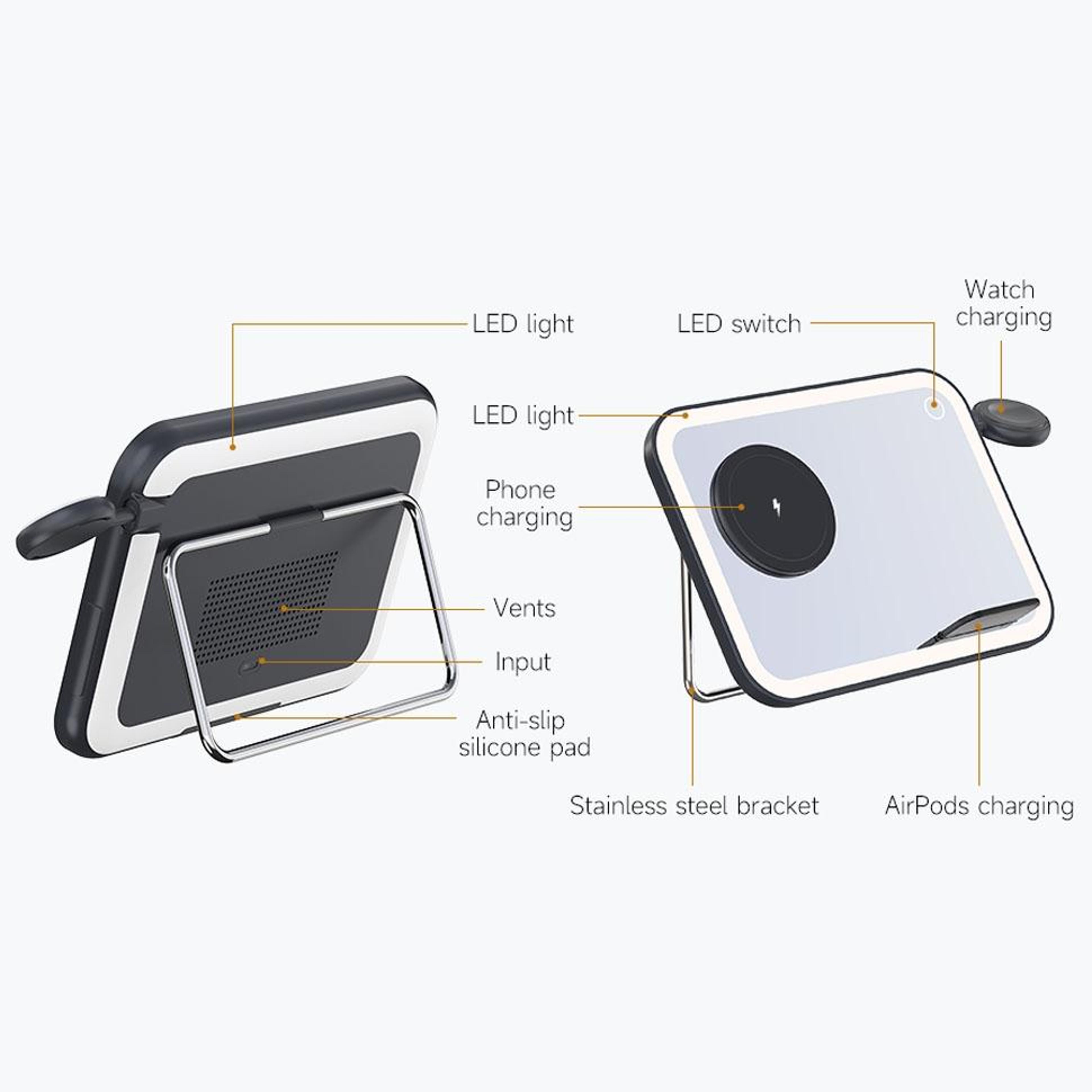 MagSafe 3 In 1 Wireless Charging Station With LED Makeup Mirror Foldable Magnetic Charger And Night 4