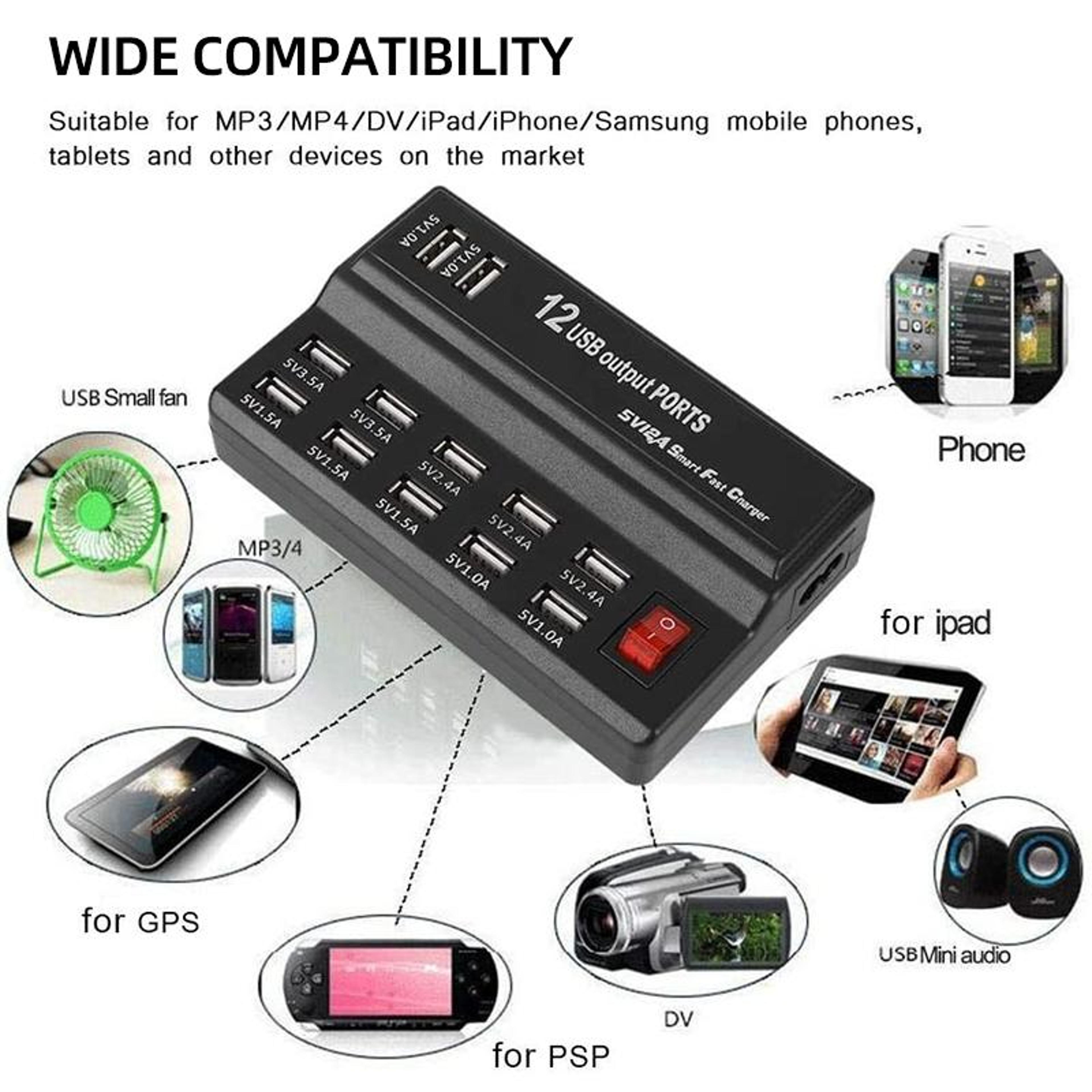 12 Port USB Charger Fast USB Charging Station Multi USB Charger For Phones Tablets And USB Devices 7