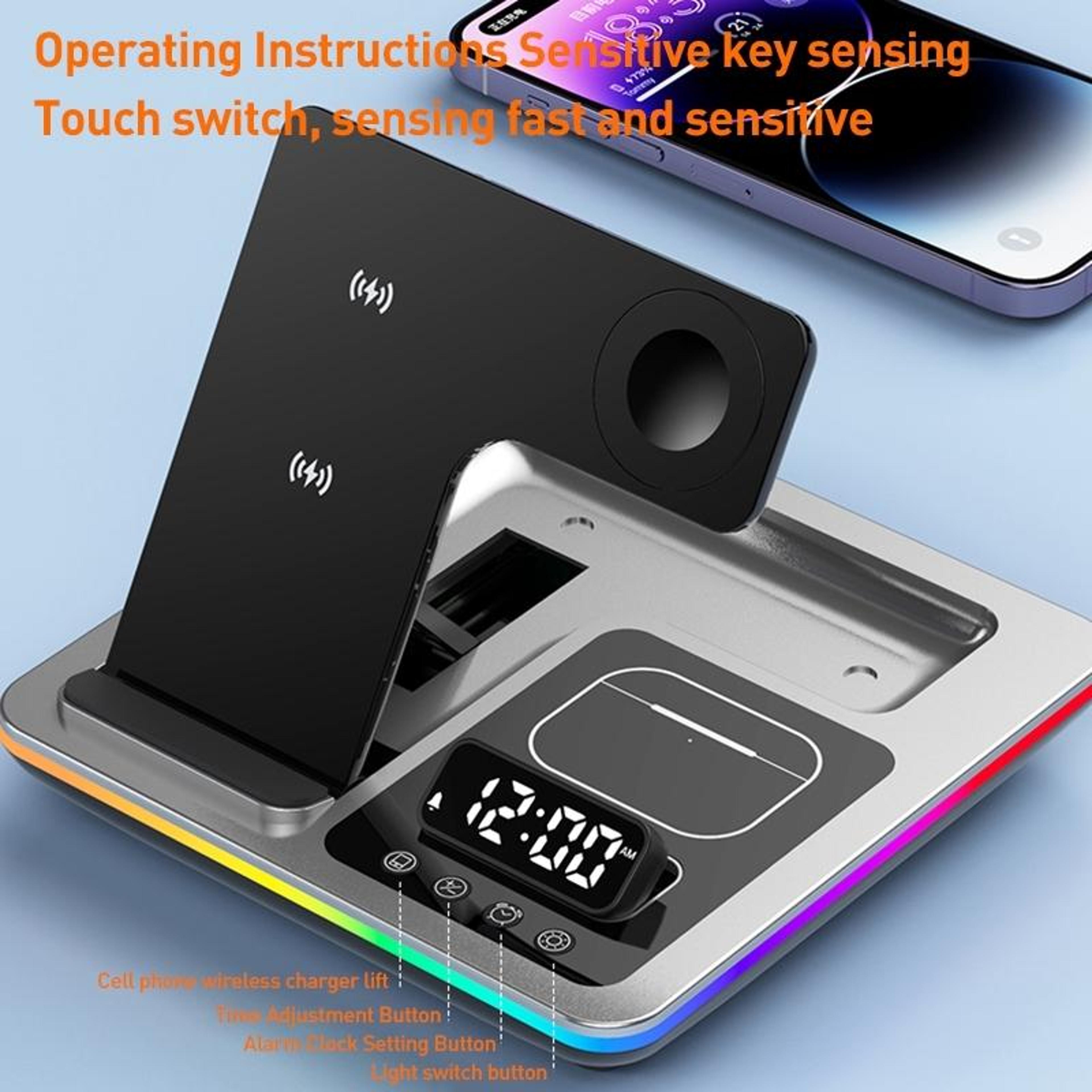 A93 5 In 1 Wireless Charger Foldable Wireless Charging Station With Phone Stand Alarm Clock And RGB 3