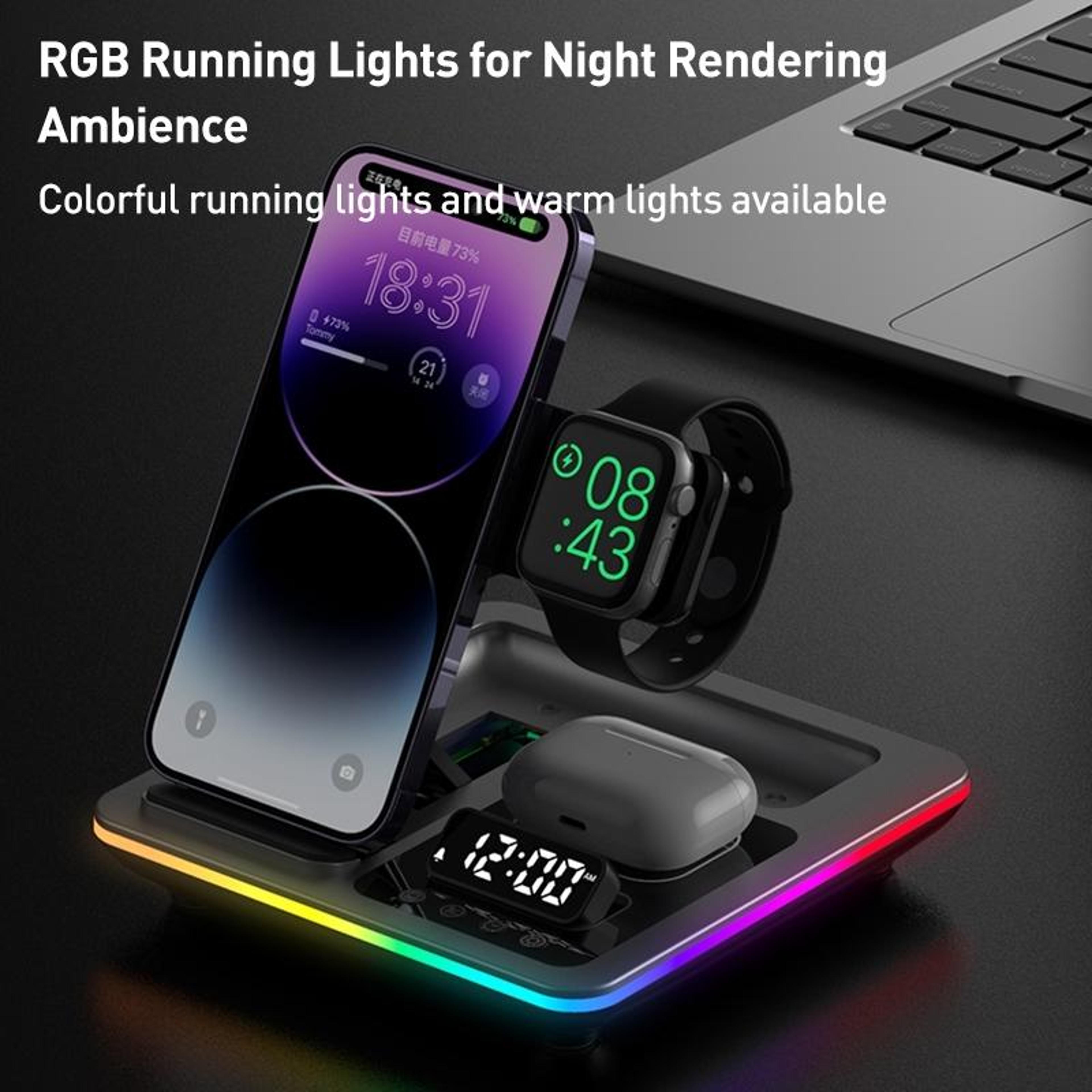 A93 5 In 1 Wireless Charger Foldable Wireless Charging Station With Phone Stand Alarm Clock And RGB 7