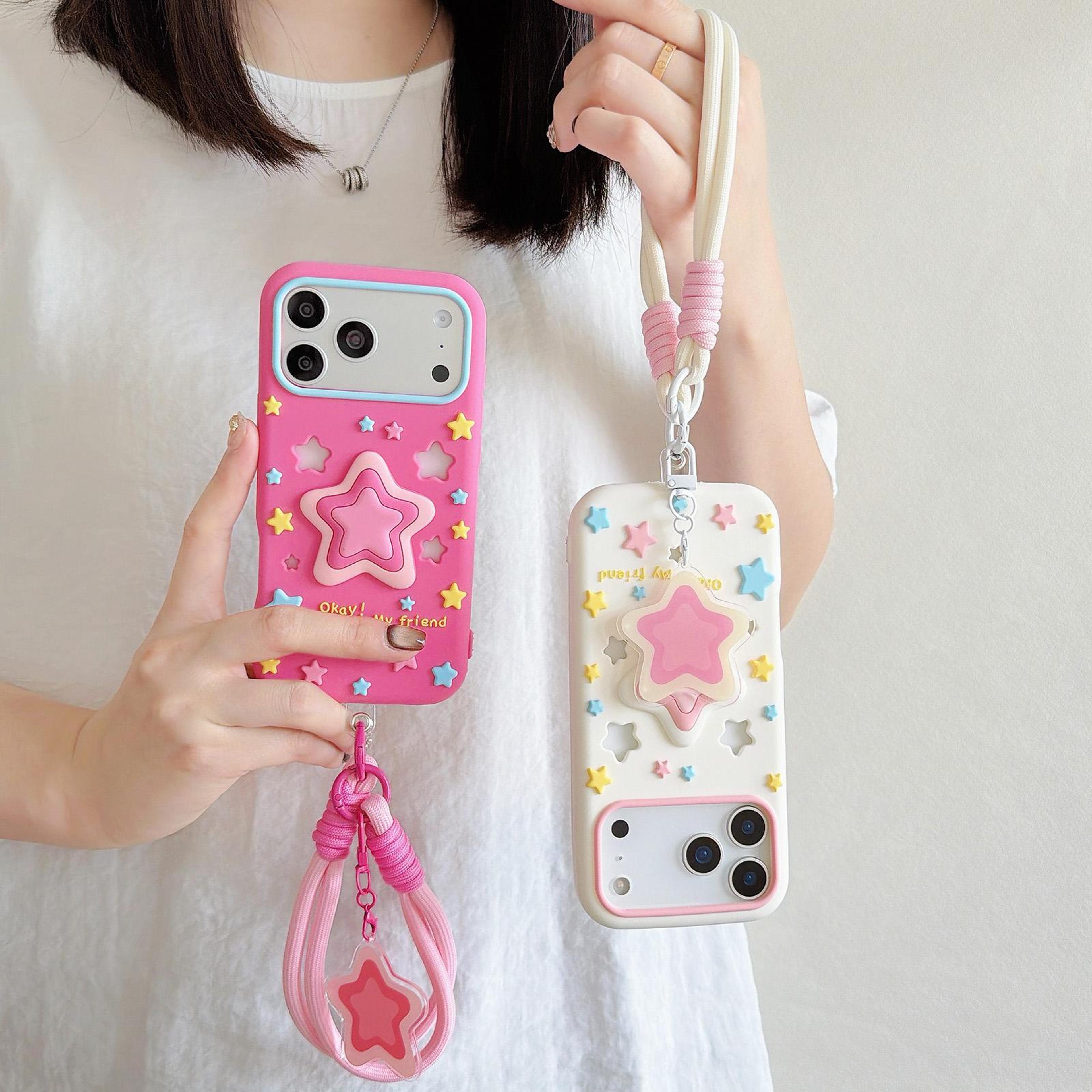 IPhone 15 Pro Silicone Case With Lanyard Cute Star Protective Shockproof Cover 6