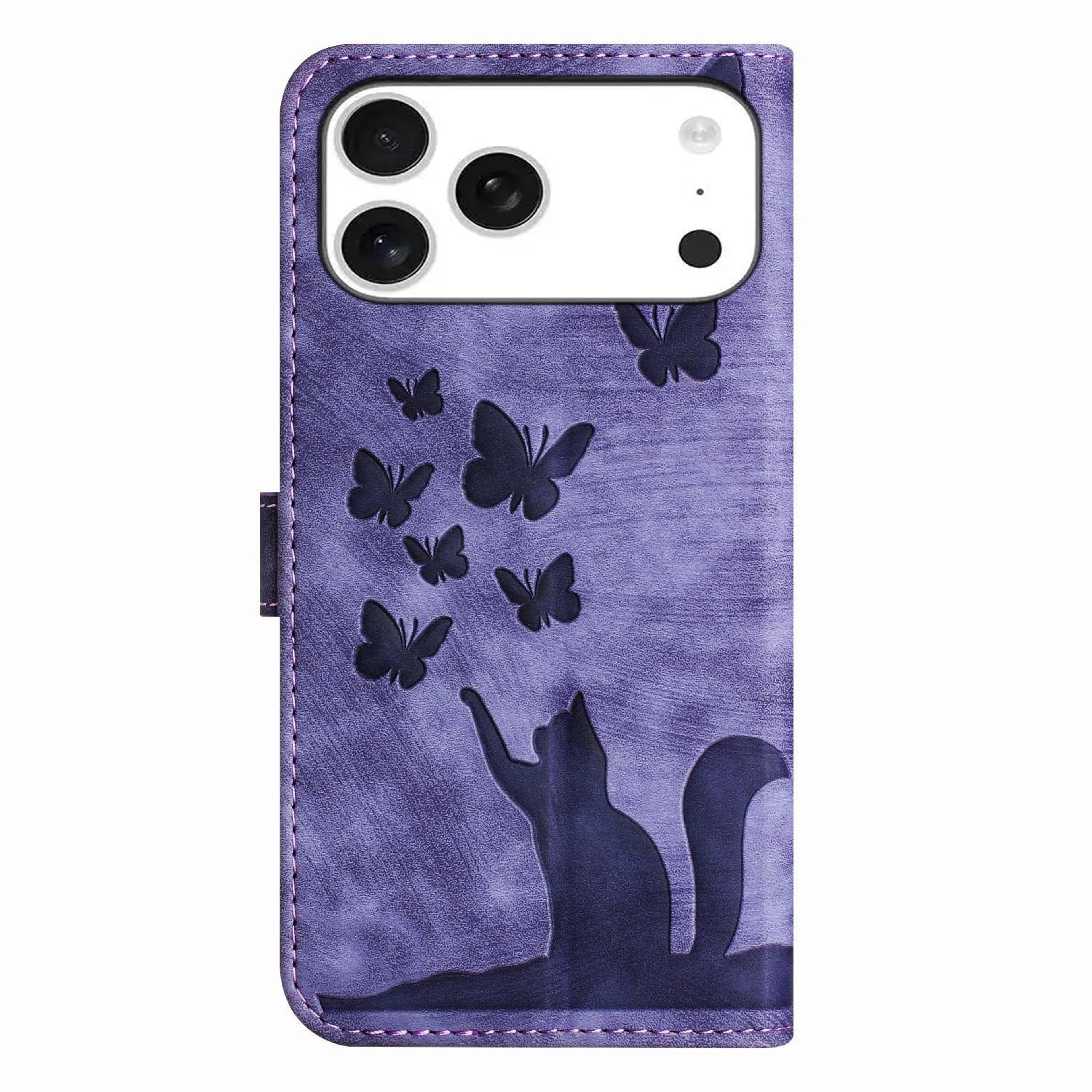 Butterfly Cat Embossed IPhone 17 Pro Max Wallet Case With Kickstand  Wrist Strap Leather Phone Case 2