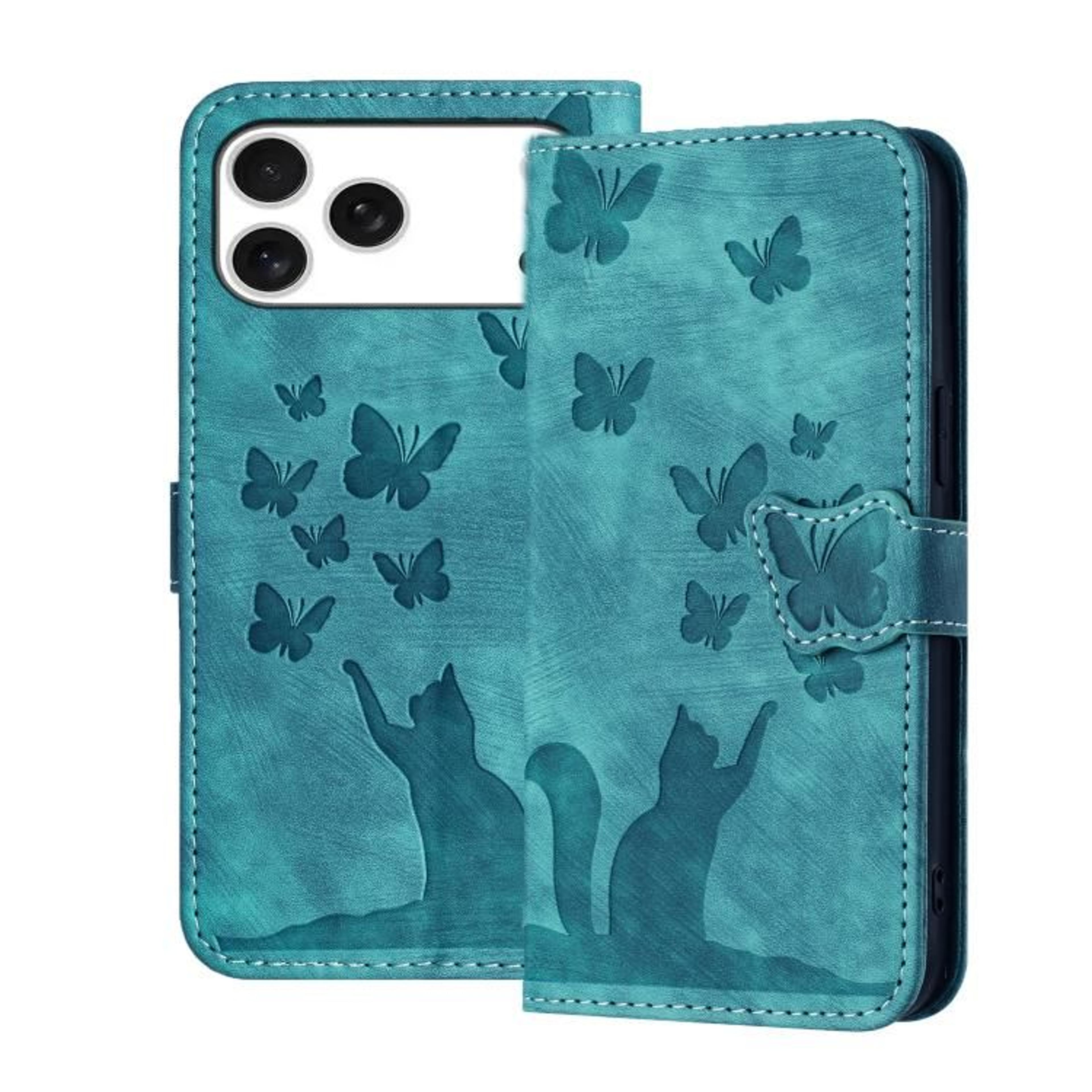Butterfly Cat Embossed IPhone 17 Pro Max Wallet Case With Kickstand  Wrist Strap Leather Phone Case 9