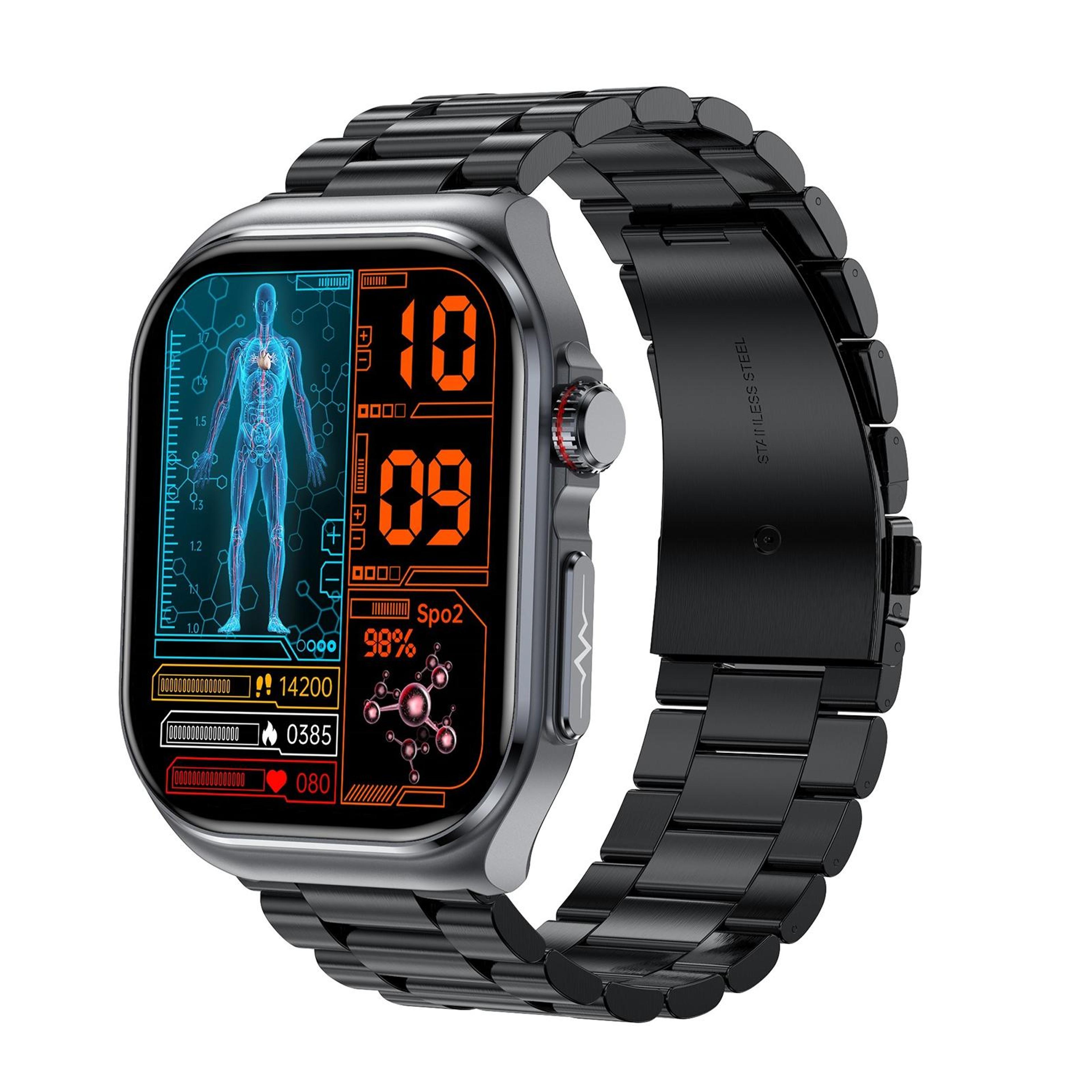 et585 ecg smartwatch with 2.04 inch amoled display, ip68 waterproof design and steel strap