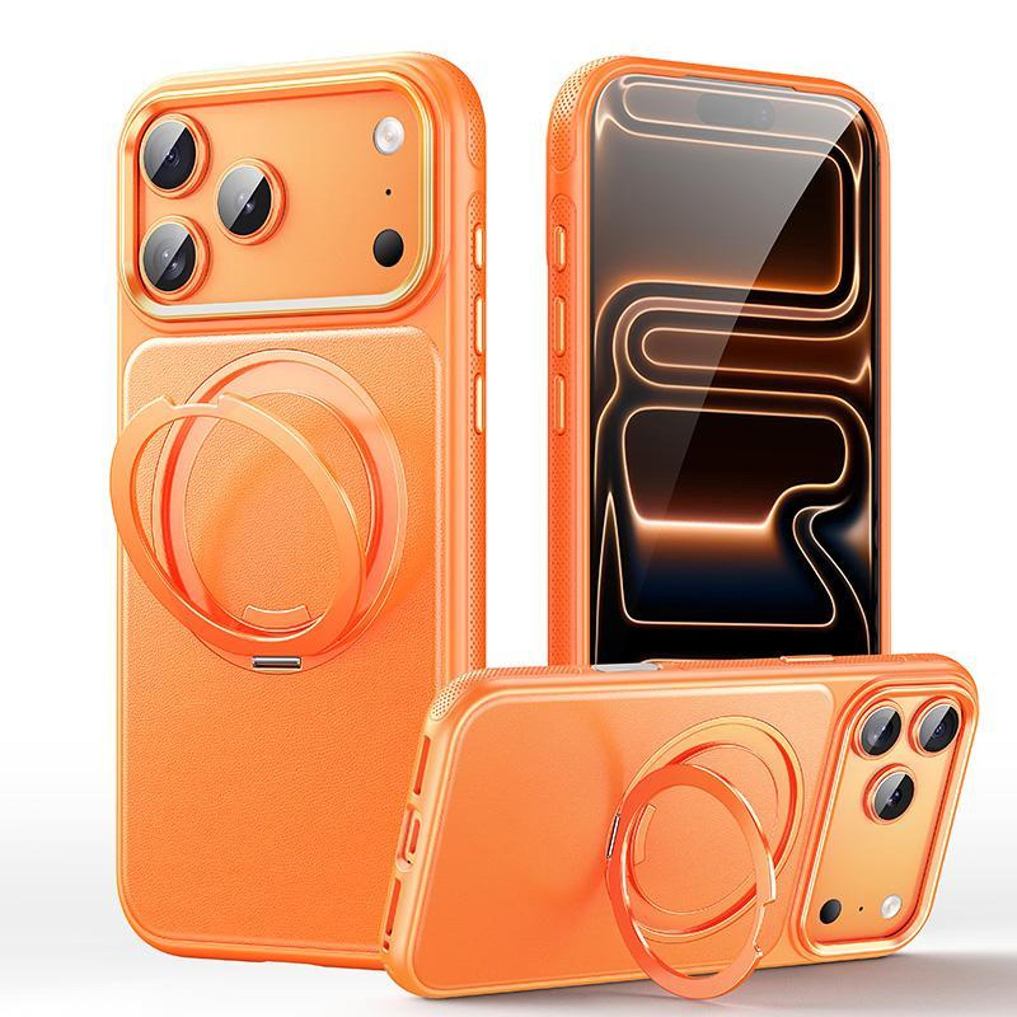 IPhone 18 Pro Max Magnetic Case With Leather Texture And 360 Rotating Ring Stand 0