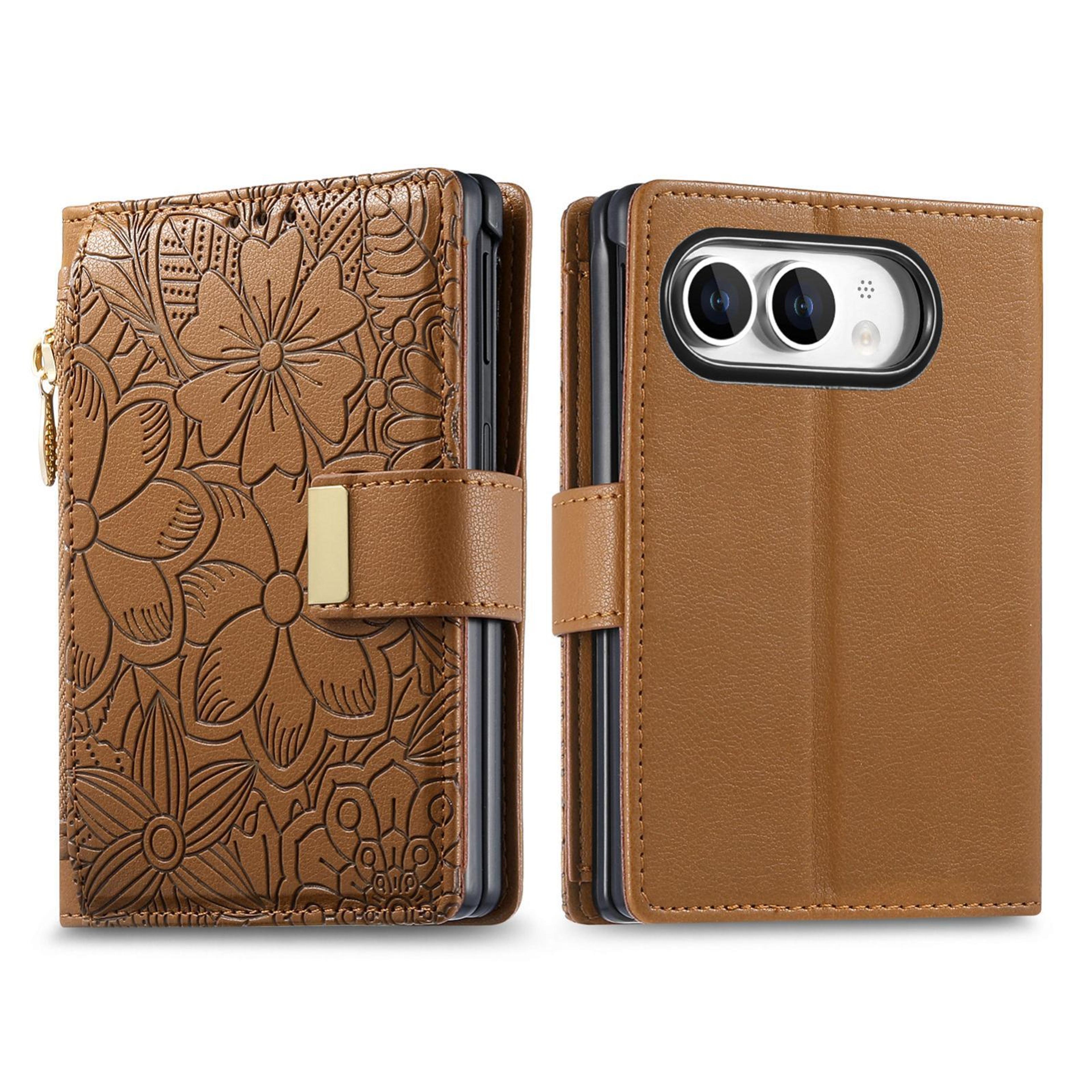 Floral IPhone Wallet Case With Zipper Card Holder Kickstand And Wrist Strap 1