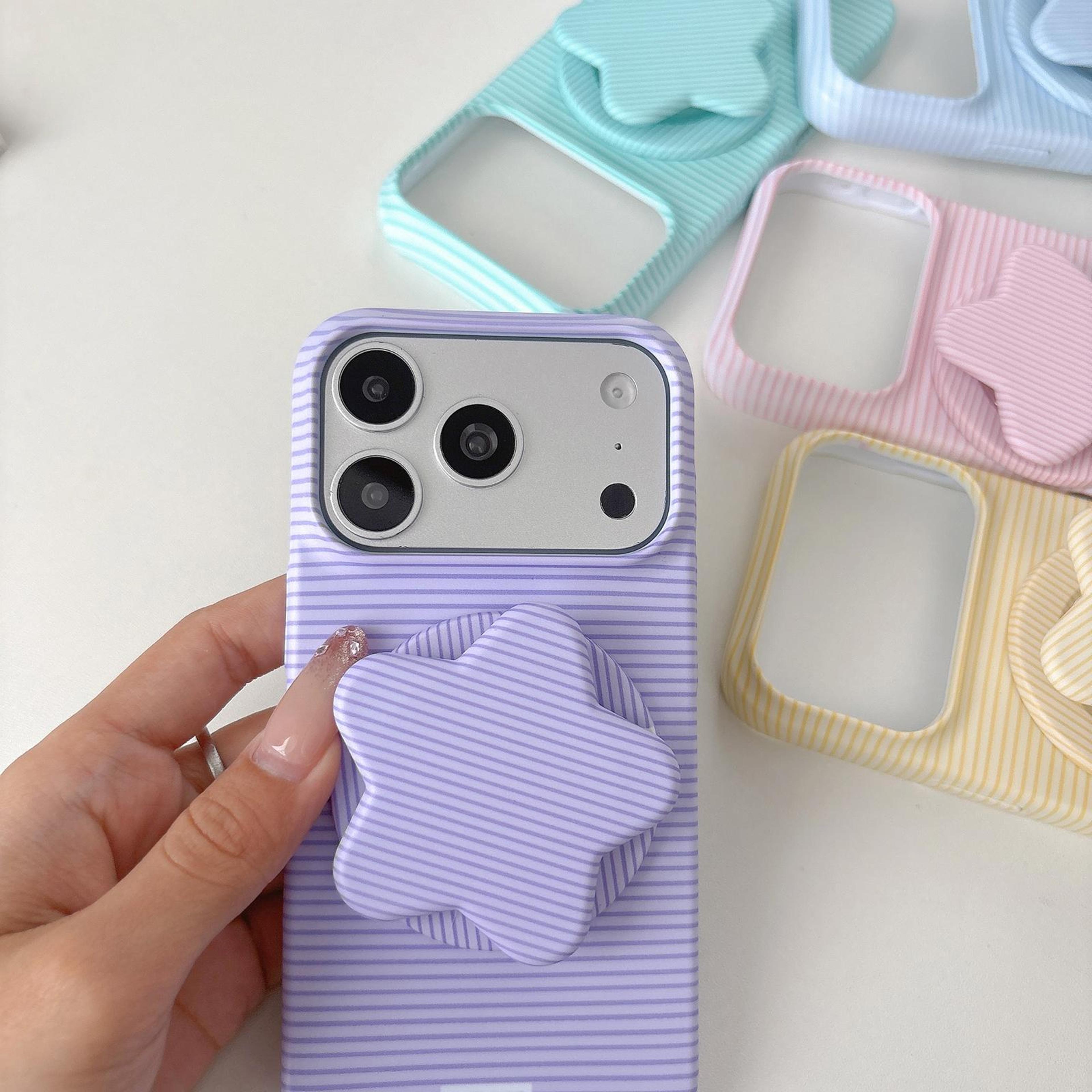 IPhone 18 Pro Macaron Striped Full Coverage PC Case With Rotating Star Stand 2