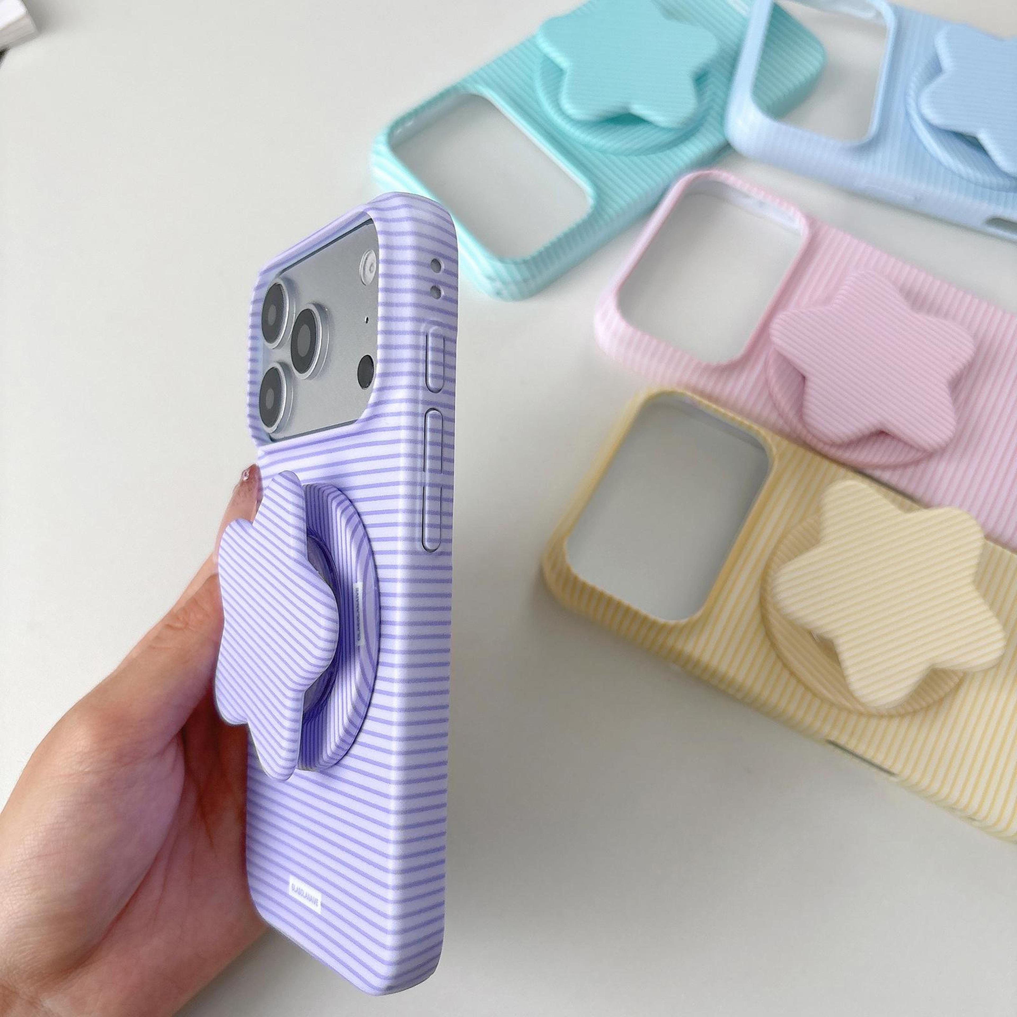 IPhone 18 Pro Macaron Striped Full Coverage PC Case With Rotating Star Stand 3