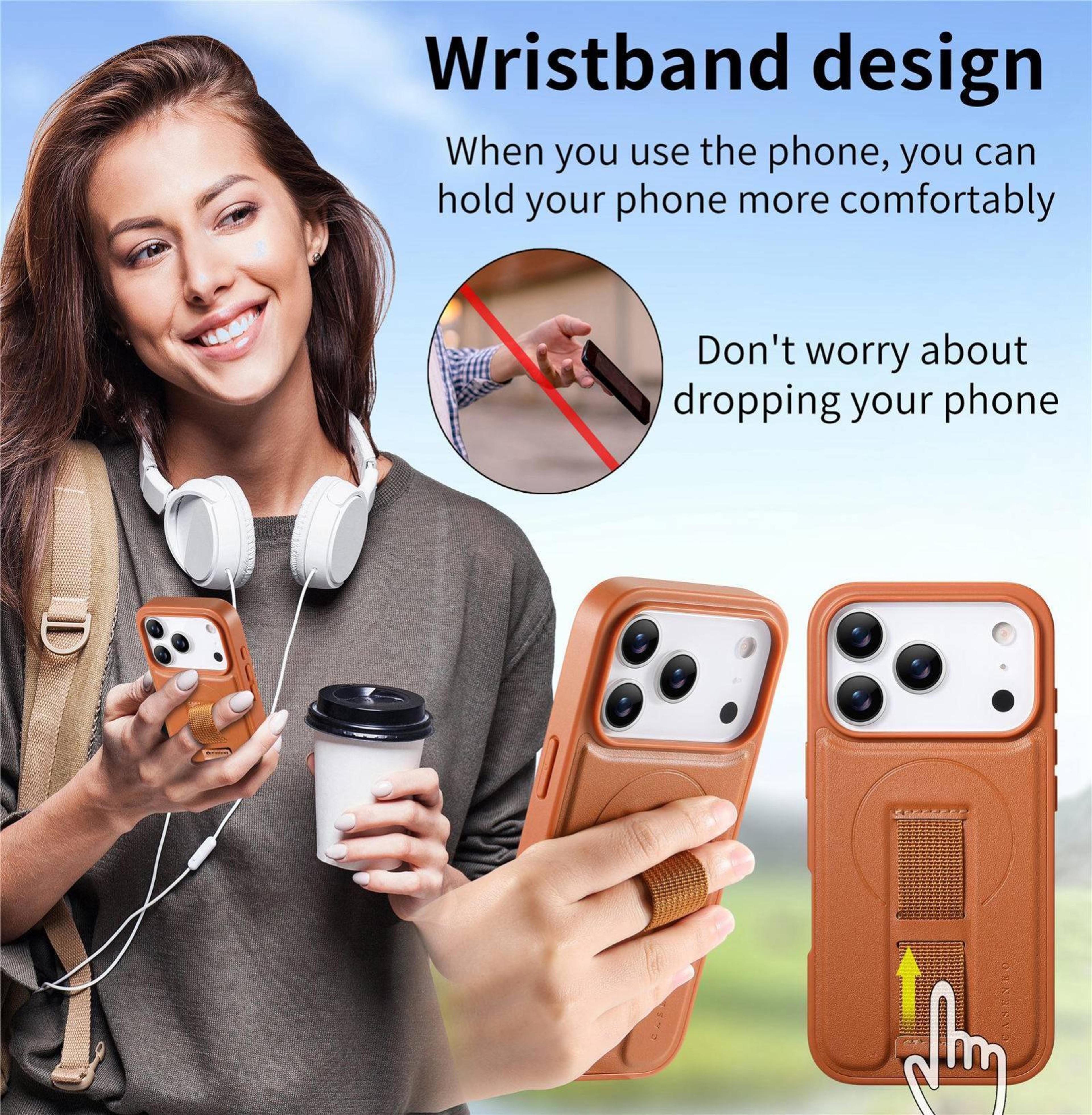 IPhone 18 Pro Max MagSafe Compatible Leather Wallet Case With Finger Grip Strap 7