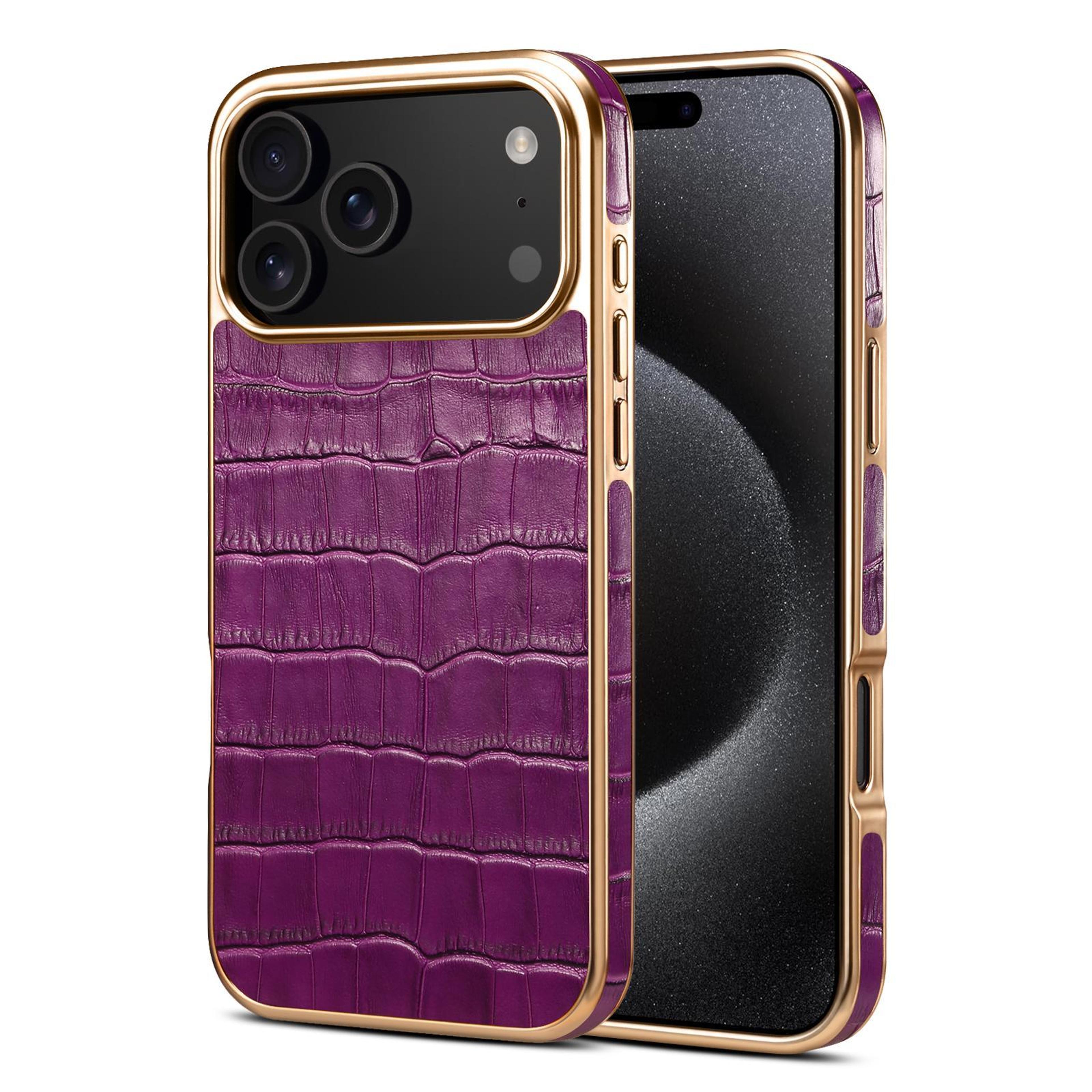 iphone 18 pro crocodile texture genuine leather phone case with rose gold frame