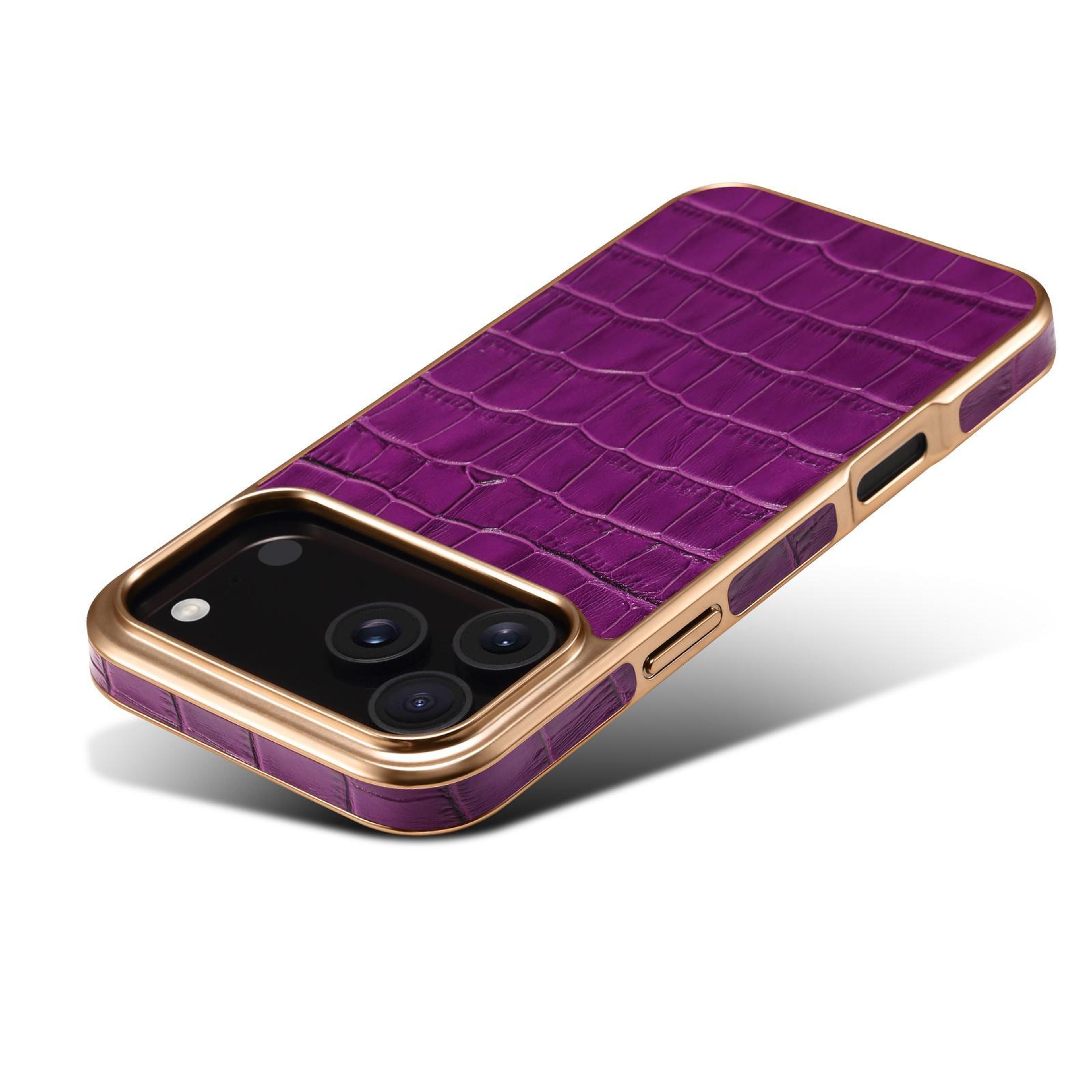 IPhone 18 Pro Crocodile Texture Genuine Leather Phone Case With Rose Gold Frame 4