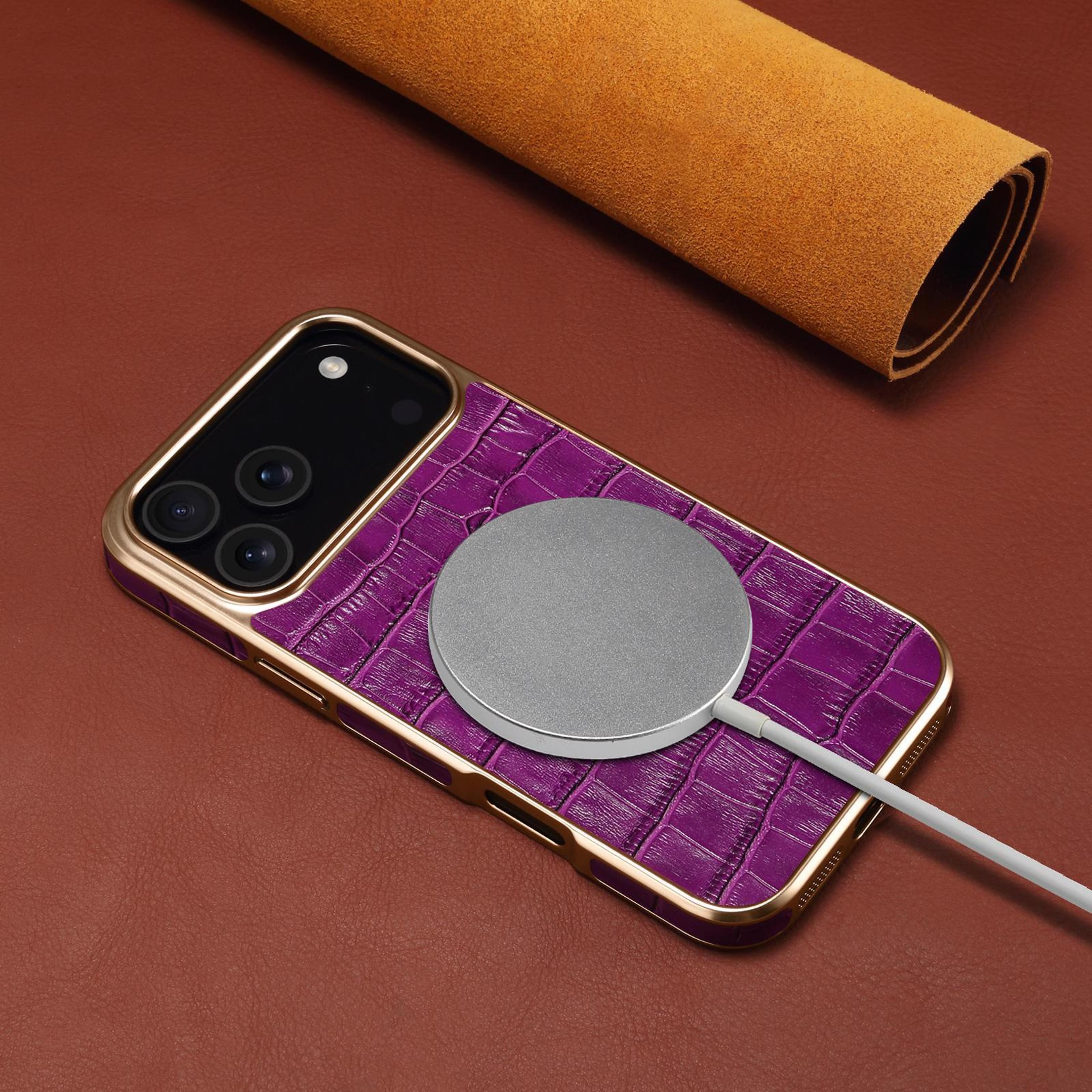 IPhone 18 Pro Crocodile Texture Genuine Leather Phone Case With Rose Gold Frame 6