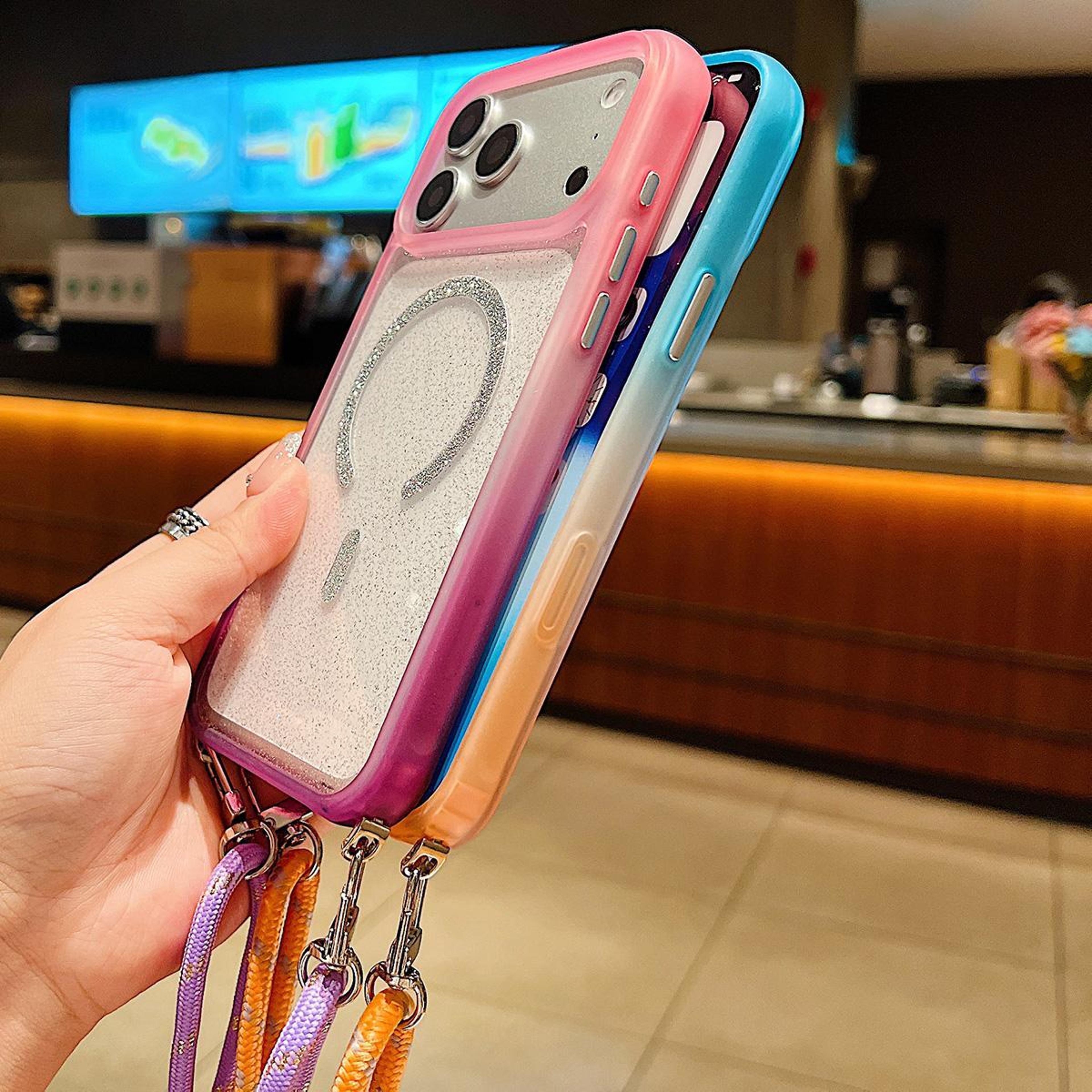 Gradient IPhone 18 Pro Max Glitter Magnetic Case With Crossbody Lanyard 2