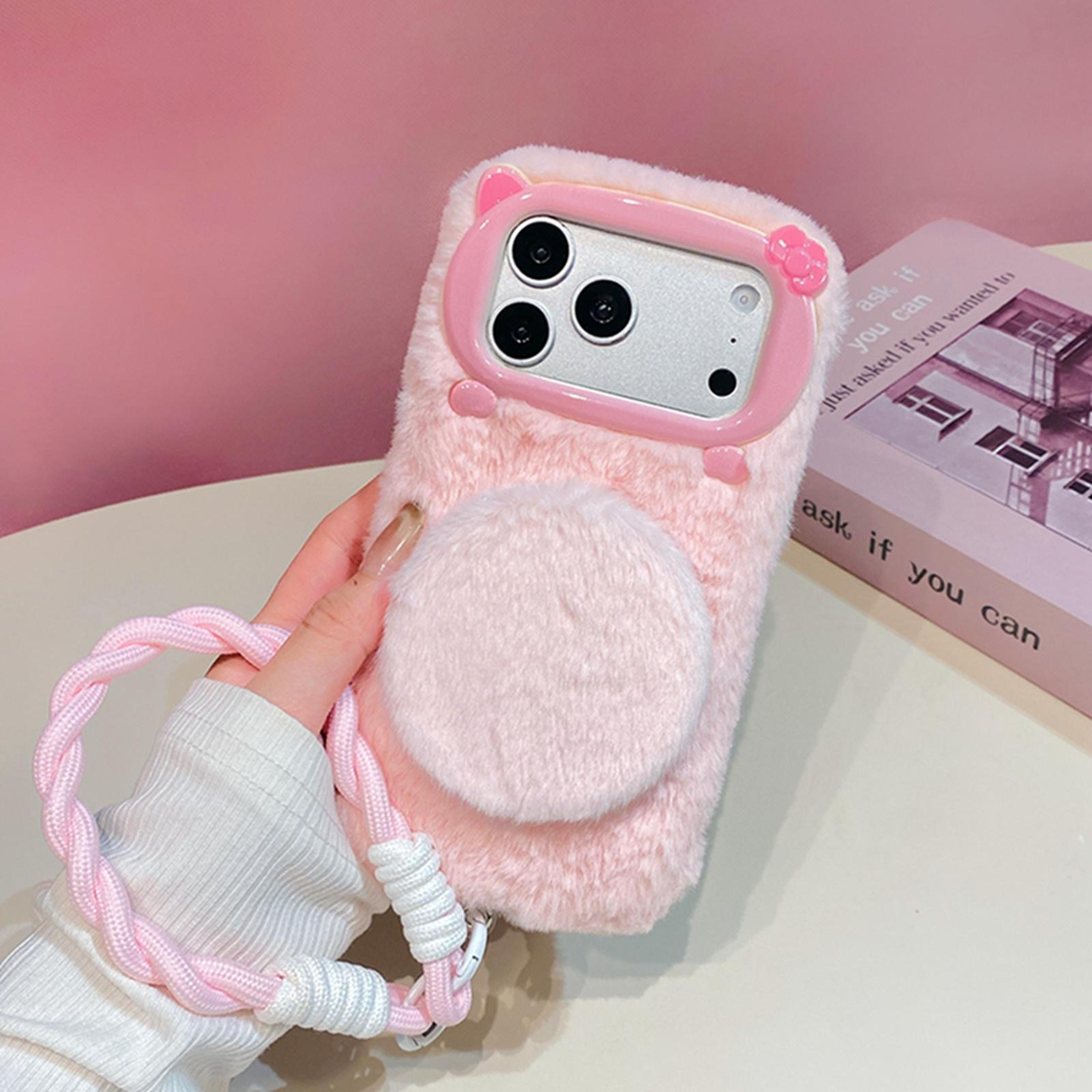 Plush BowTie Cat Mirror Phone Case With Wrist Strap For IPhone 18 Pro 7