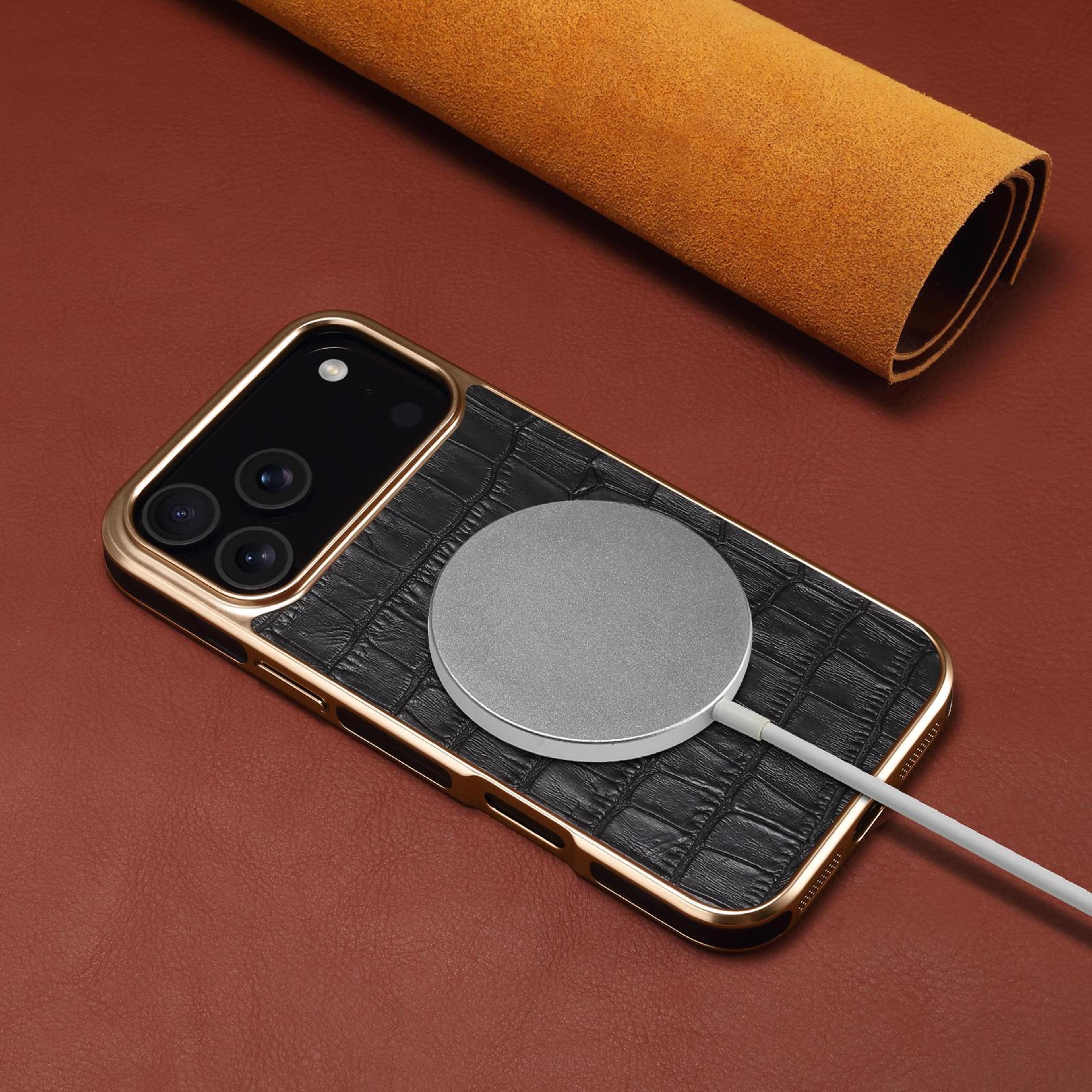 IPhone 18 Pro Crocodile Texture Genuine Leather Phone Case With Electroplating Frame 6