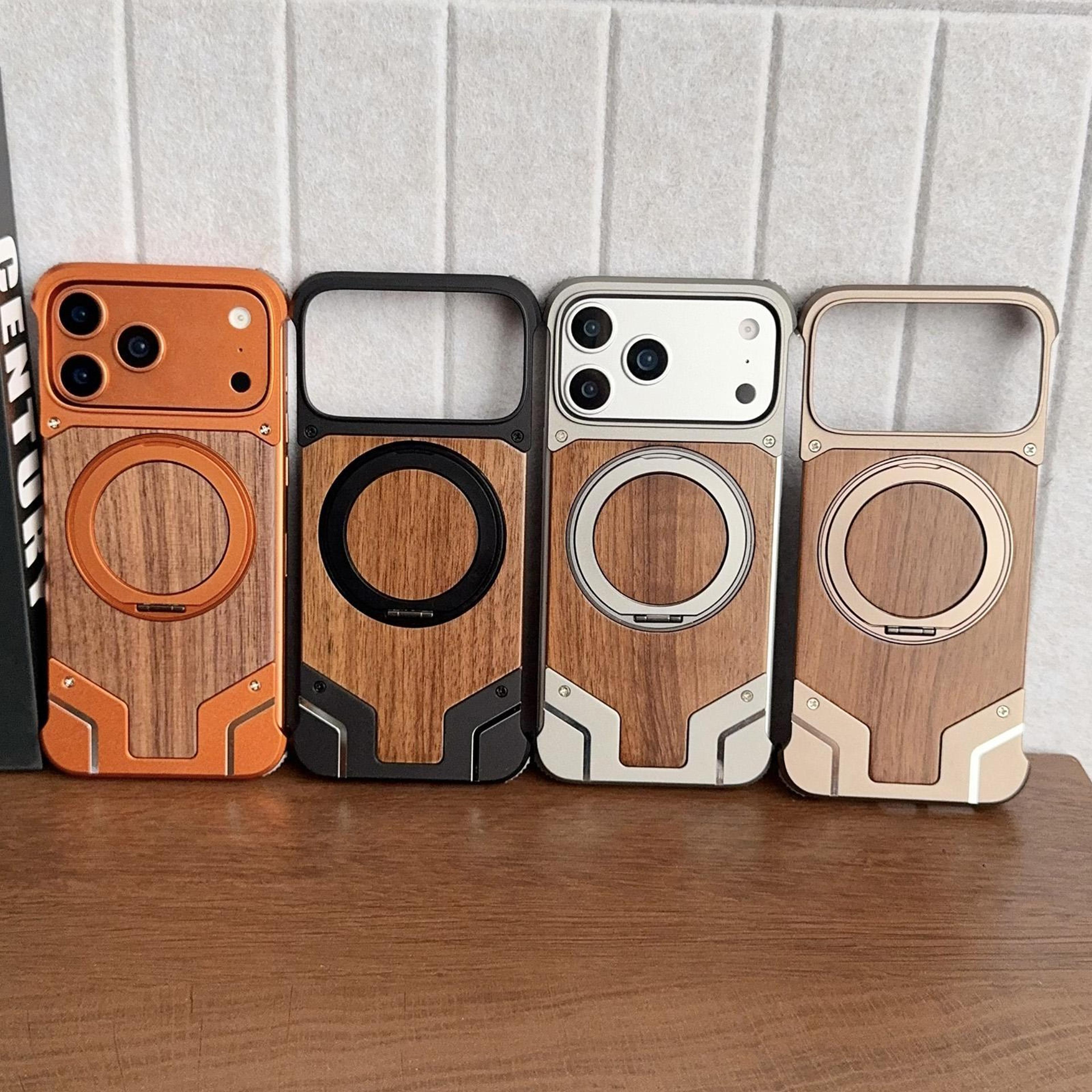 IPhone 18 Pro Max Walnut Wood Magnetic Case With 360 Rotating Metal Stand 1