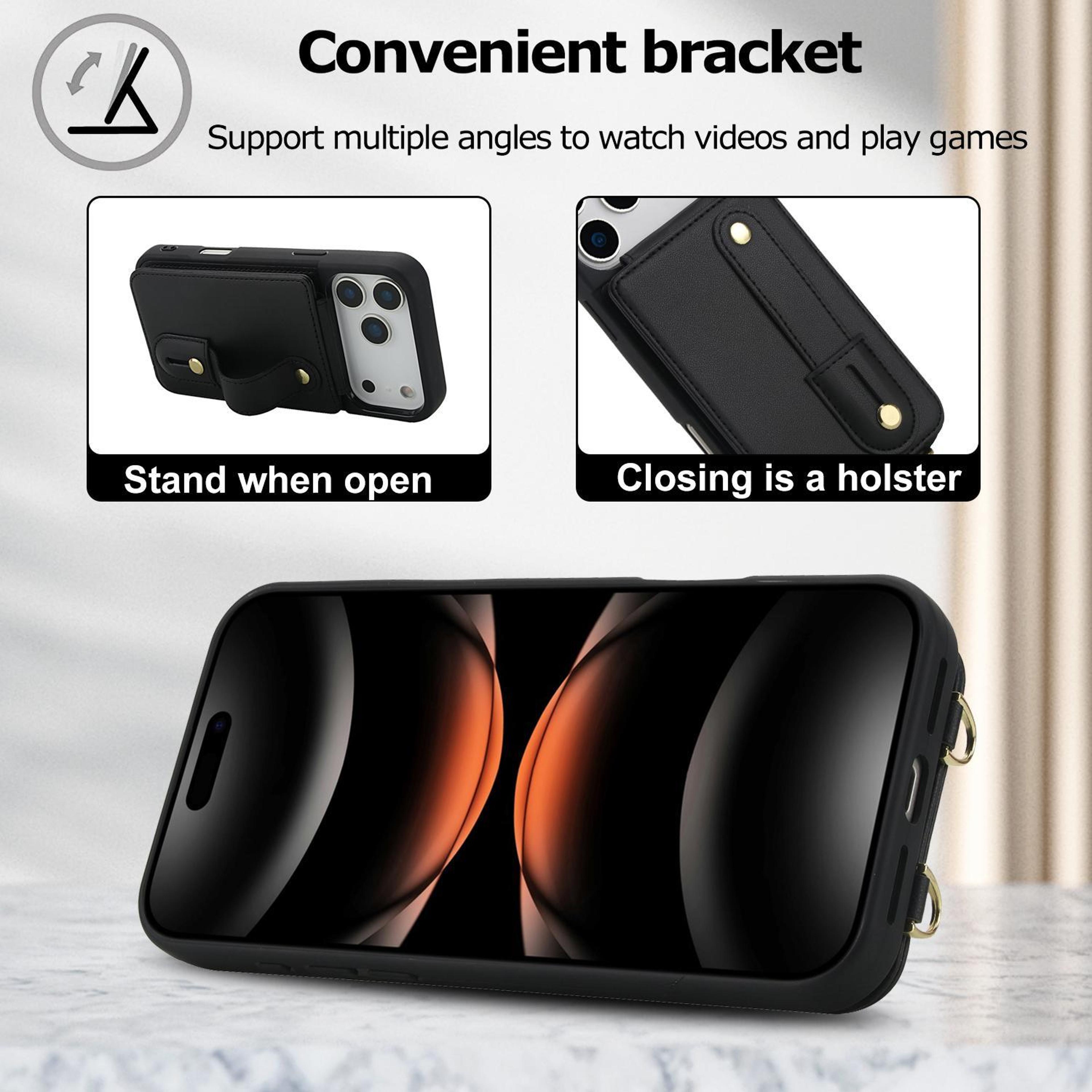 IPhone 18 Pro Flip Wallet Case With Wristband Stand And Crossbody Lanyard 3