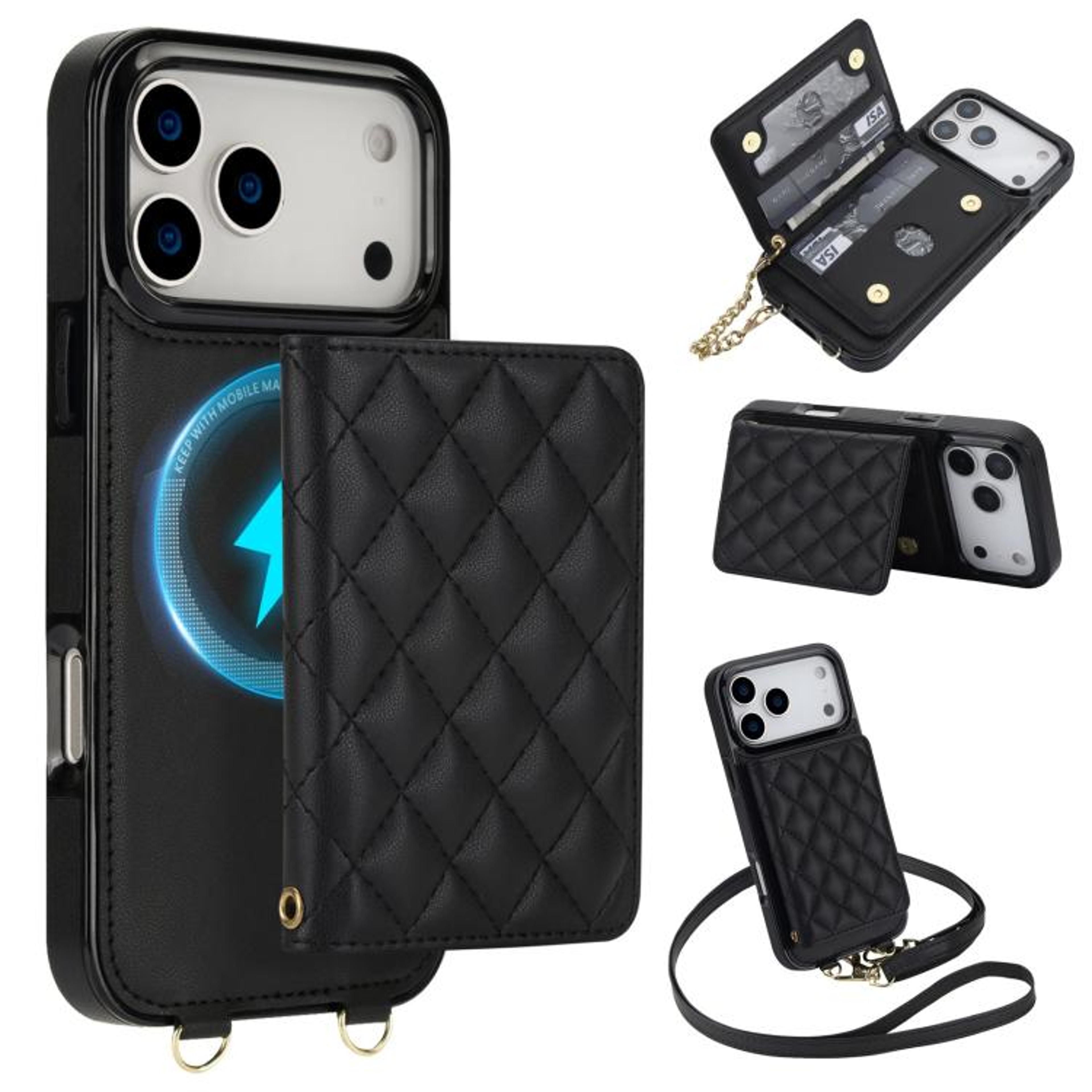 Rhombic Wallet IPhone 18 Pro Max Case With Magnetic Charging Crossbody And Wrist Straps 9
