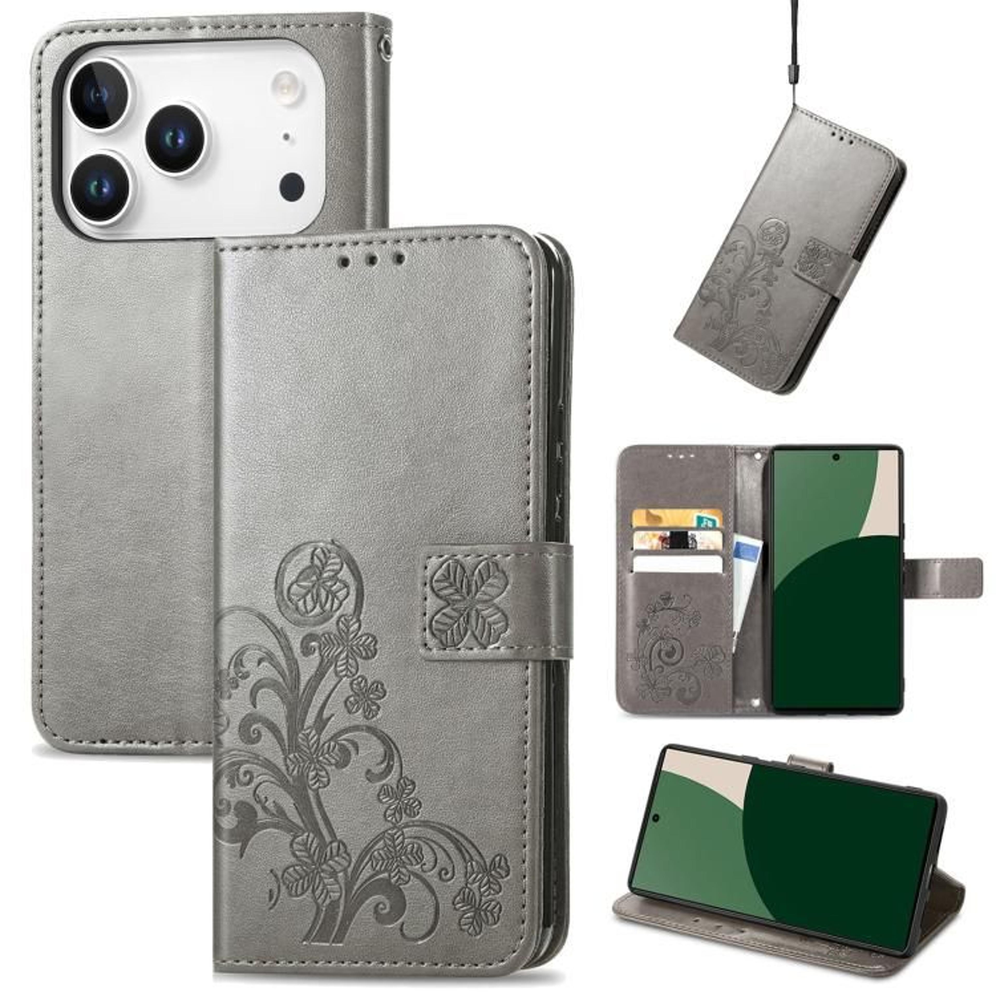 FourLeaf Clover Embossed Wallet Case For IPhone 18 Pro Max With Card Slot Stand And Lanyard 7