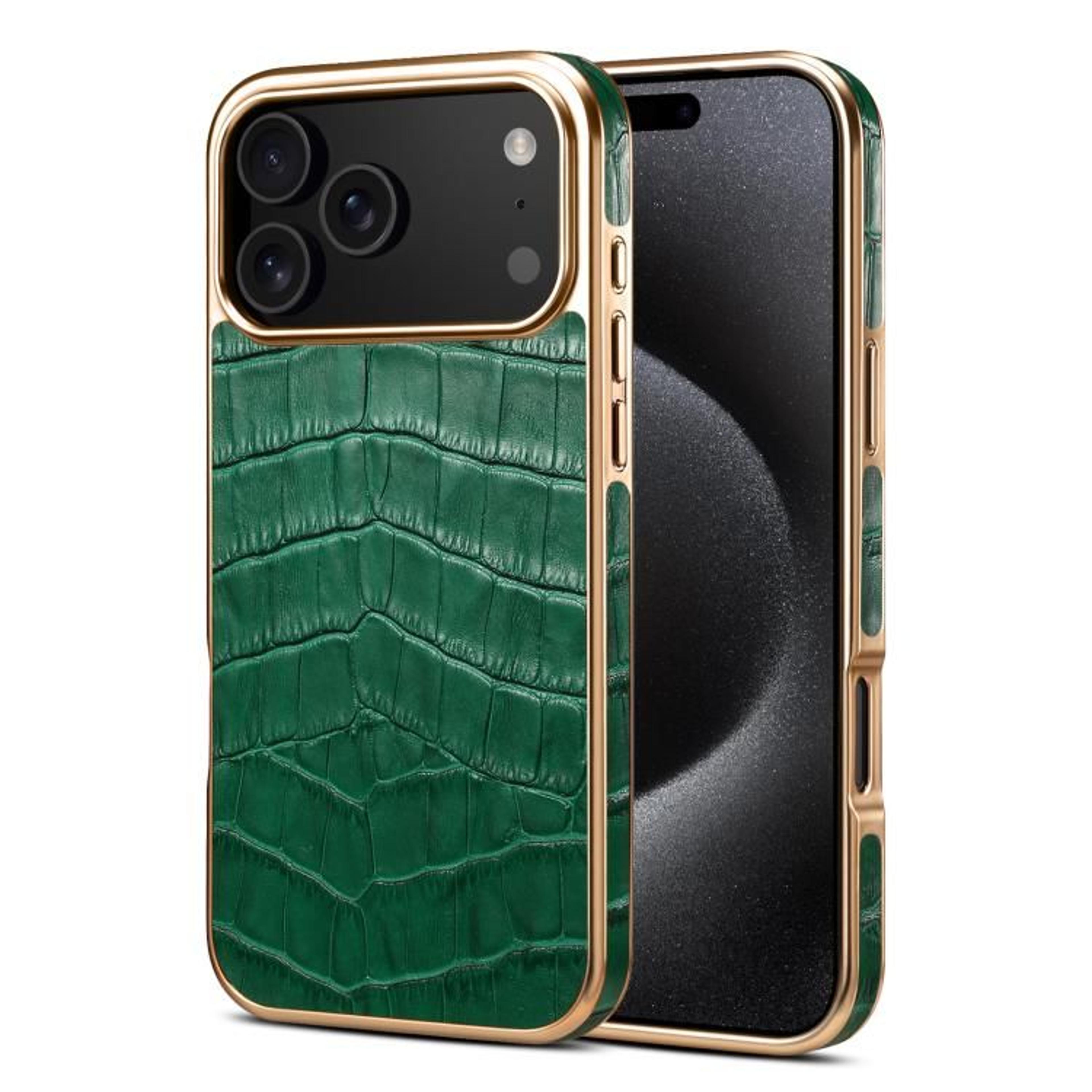 IPhone 18 Pro Max Crocodile Texture Cowhide Phone Case With Rose Gold Frame 7