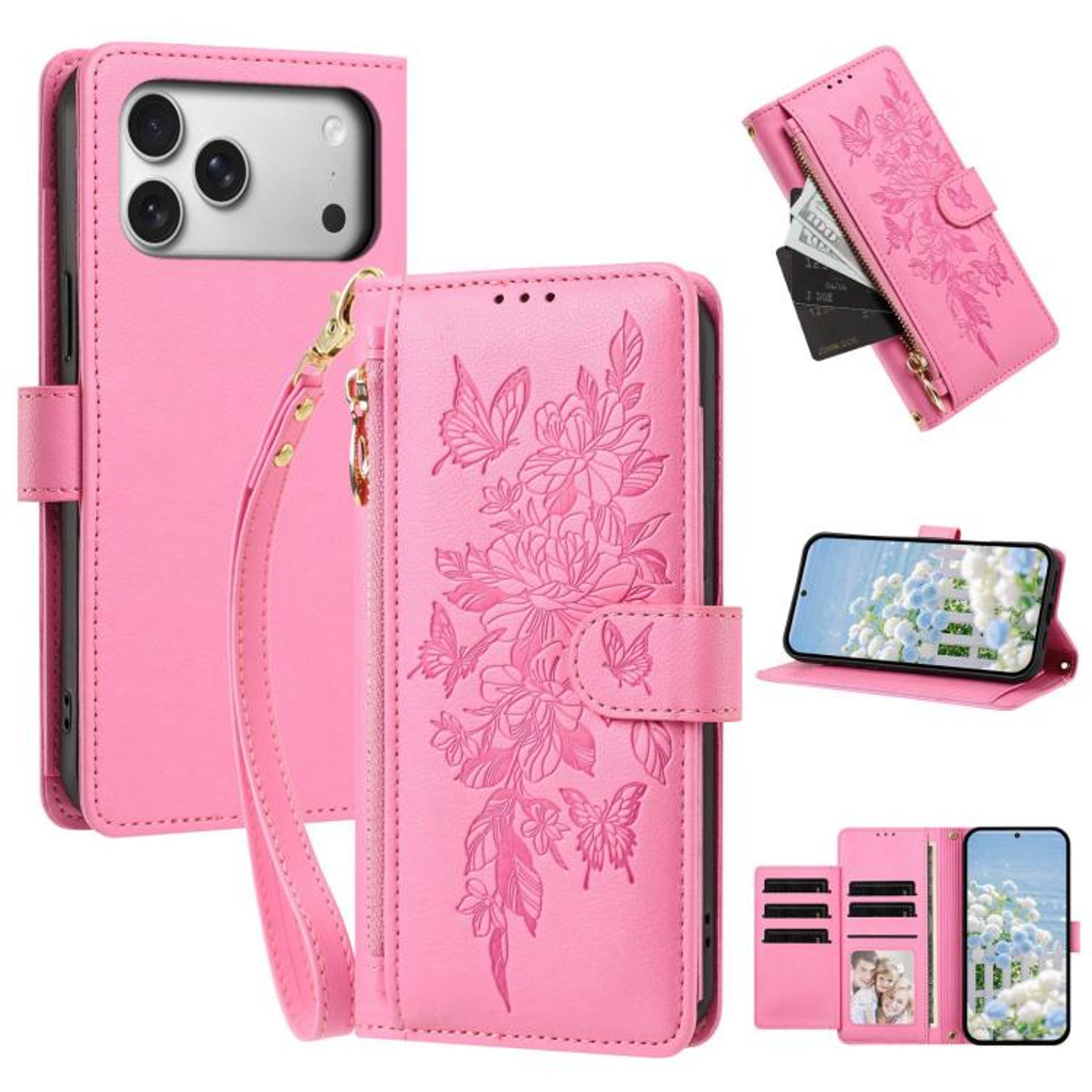 IPhone 18 Pro Butterfly Flower Zipper Wallet Vegan Leather Phone Case With Strap 8