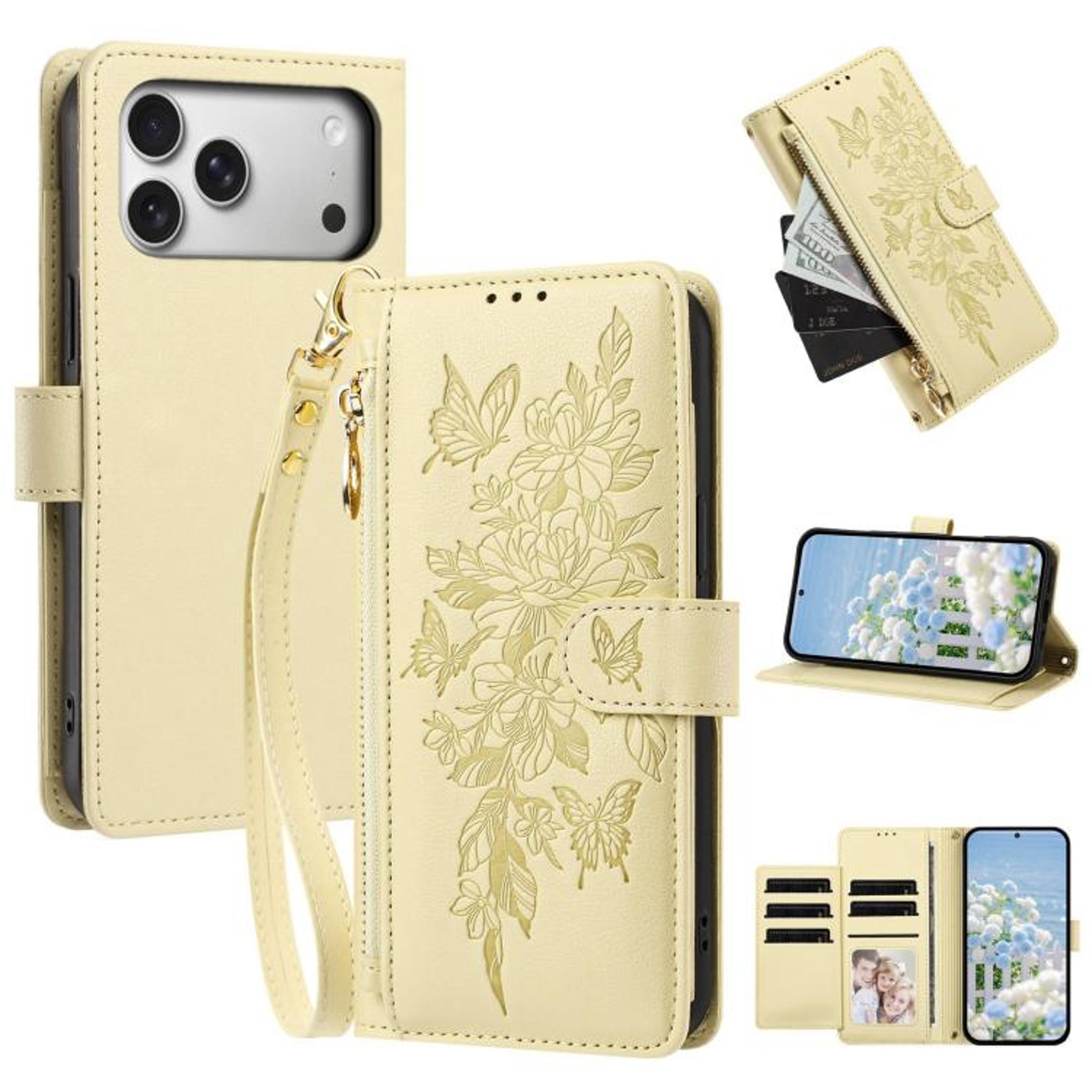 IPhone 18 Pro Butterfly Flower Zipper Wallet Vegan Leather Phone Case With Strap 12