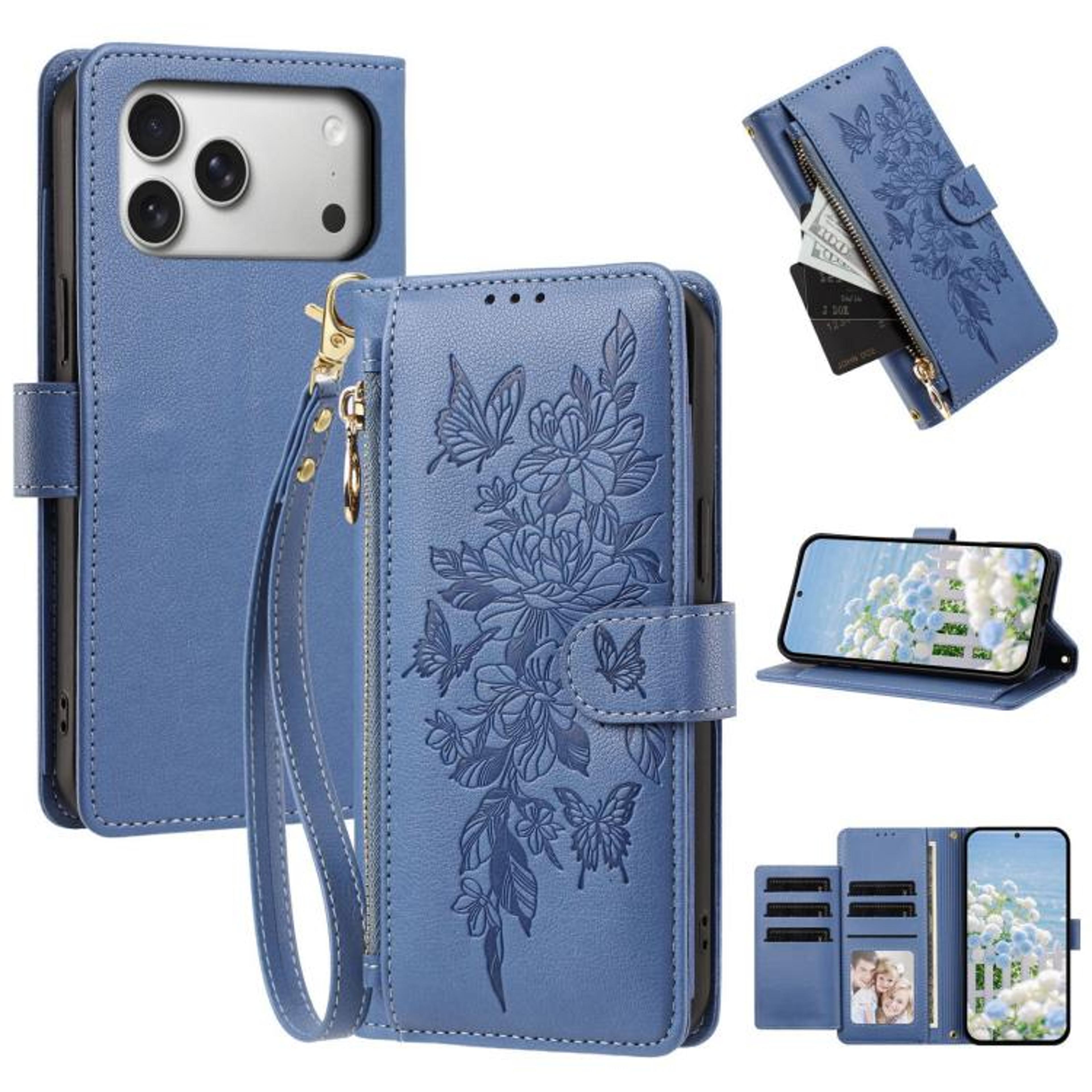 Butterfly Flower Zipper Wallet Vegan Leather Phone Case With Strap For IPhone 18 Pro Max 11