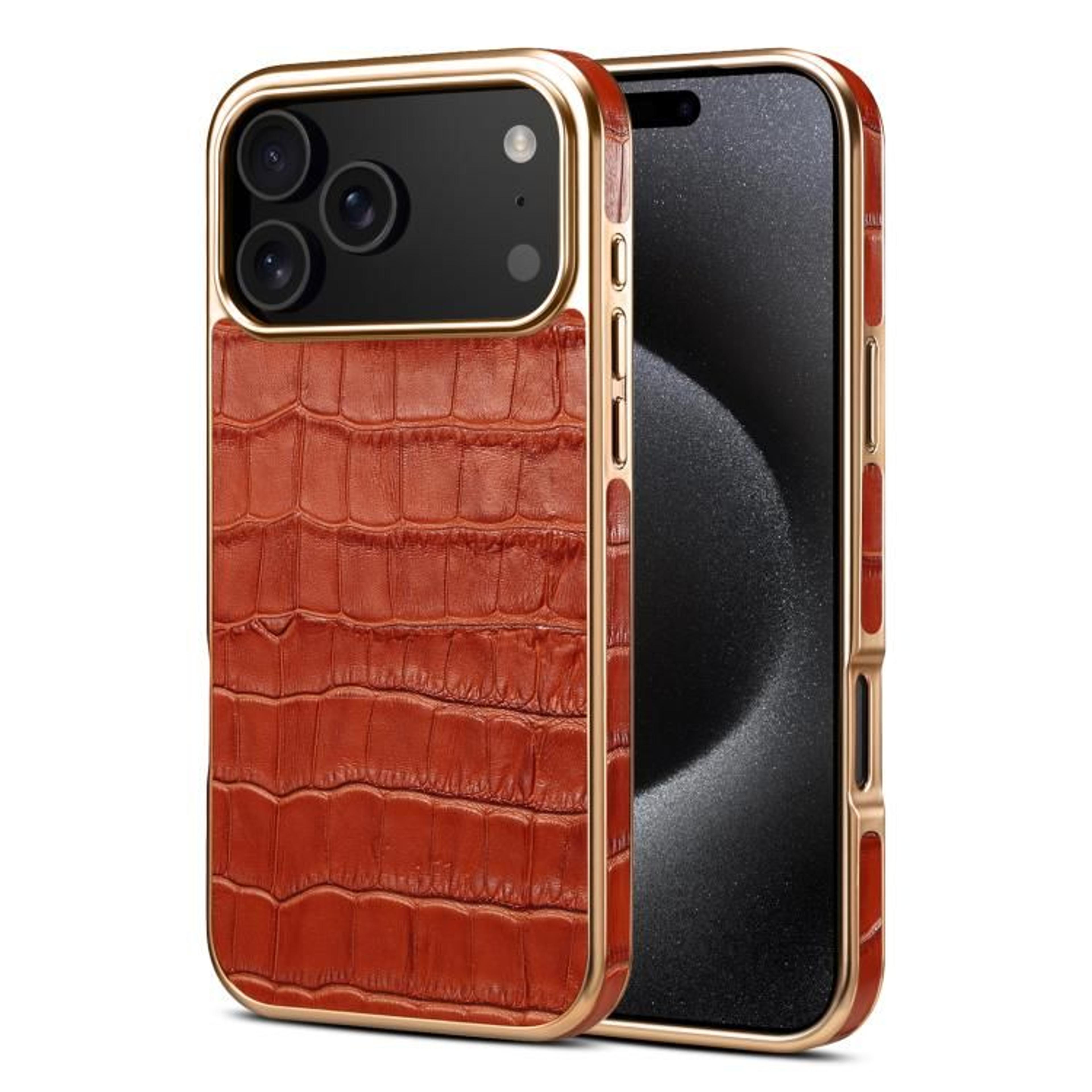 IPhone 18 Pro Max Leather Case Crocodile Texture Protective Cover Rose Gold Frame 9