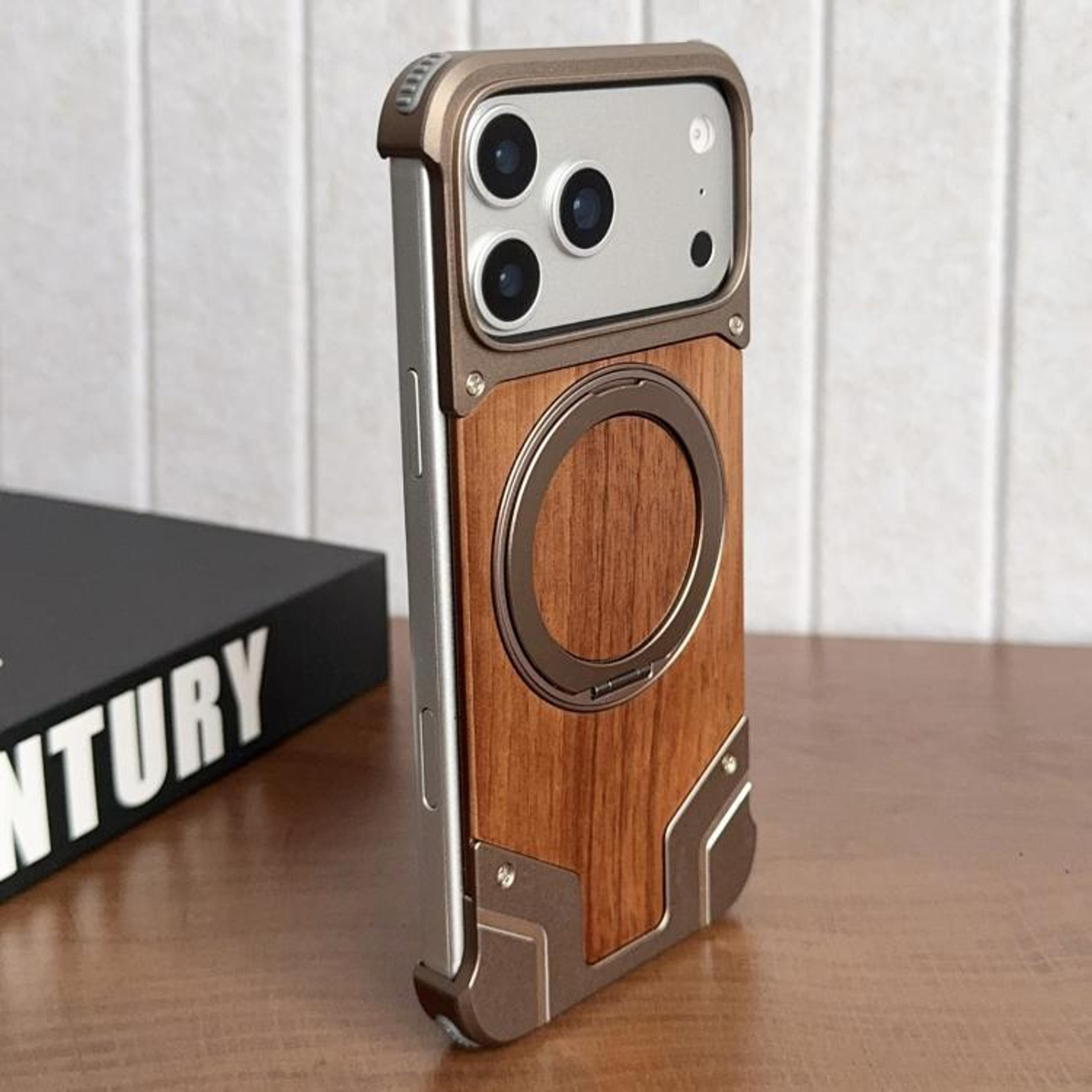 Walnut Wood Magnetic Case For IPhone 18 Pro With 360 Rotating Metal Stand 8